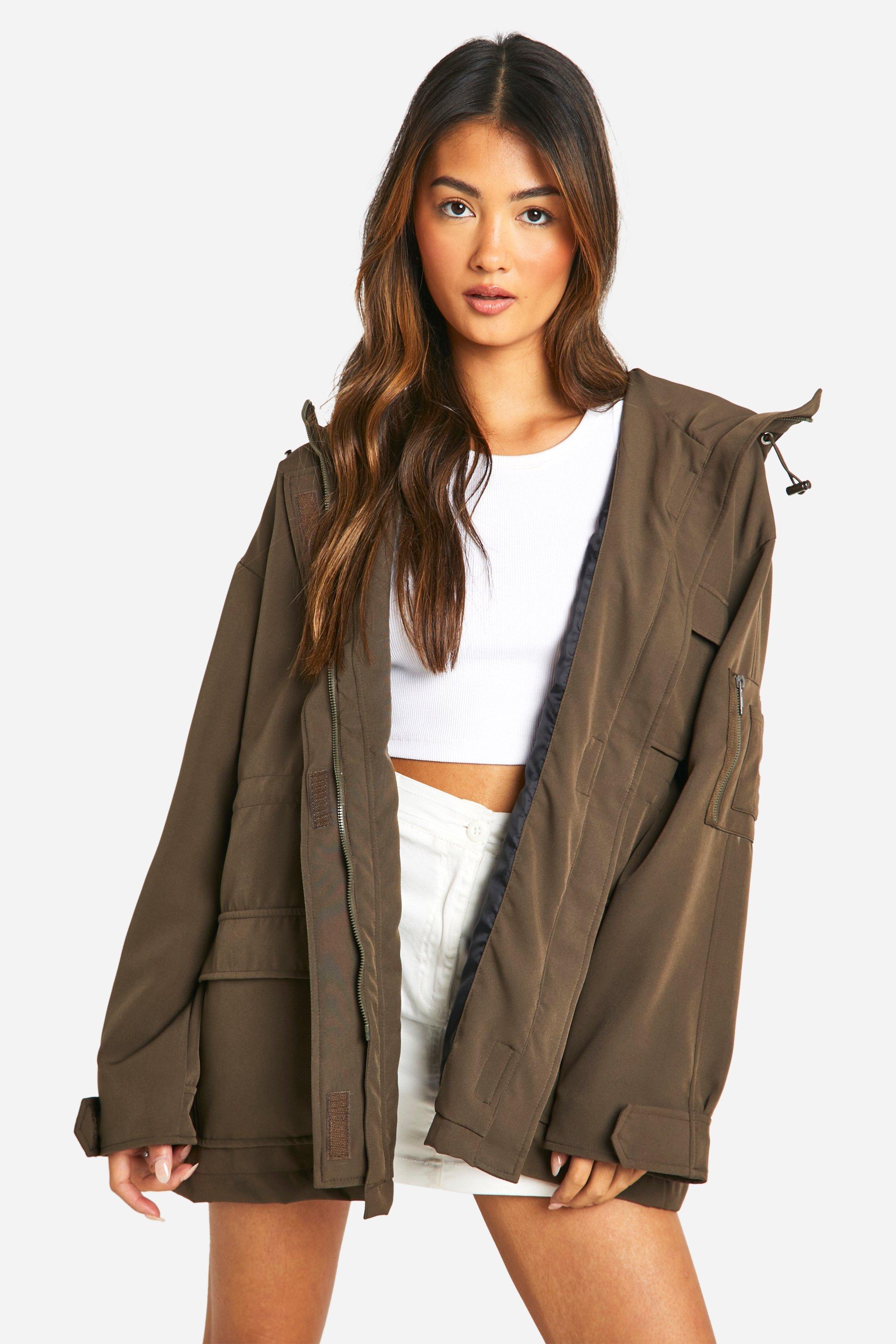 Image of Synched Waist Longline Hooded Festival Jacket, Verde