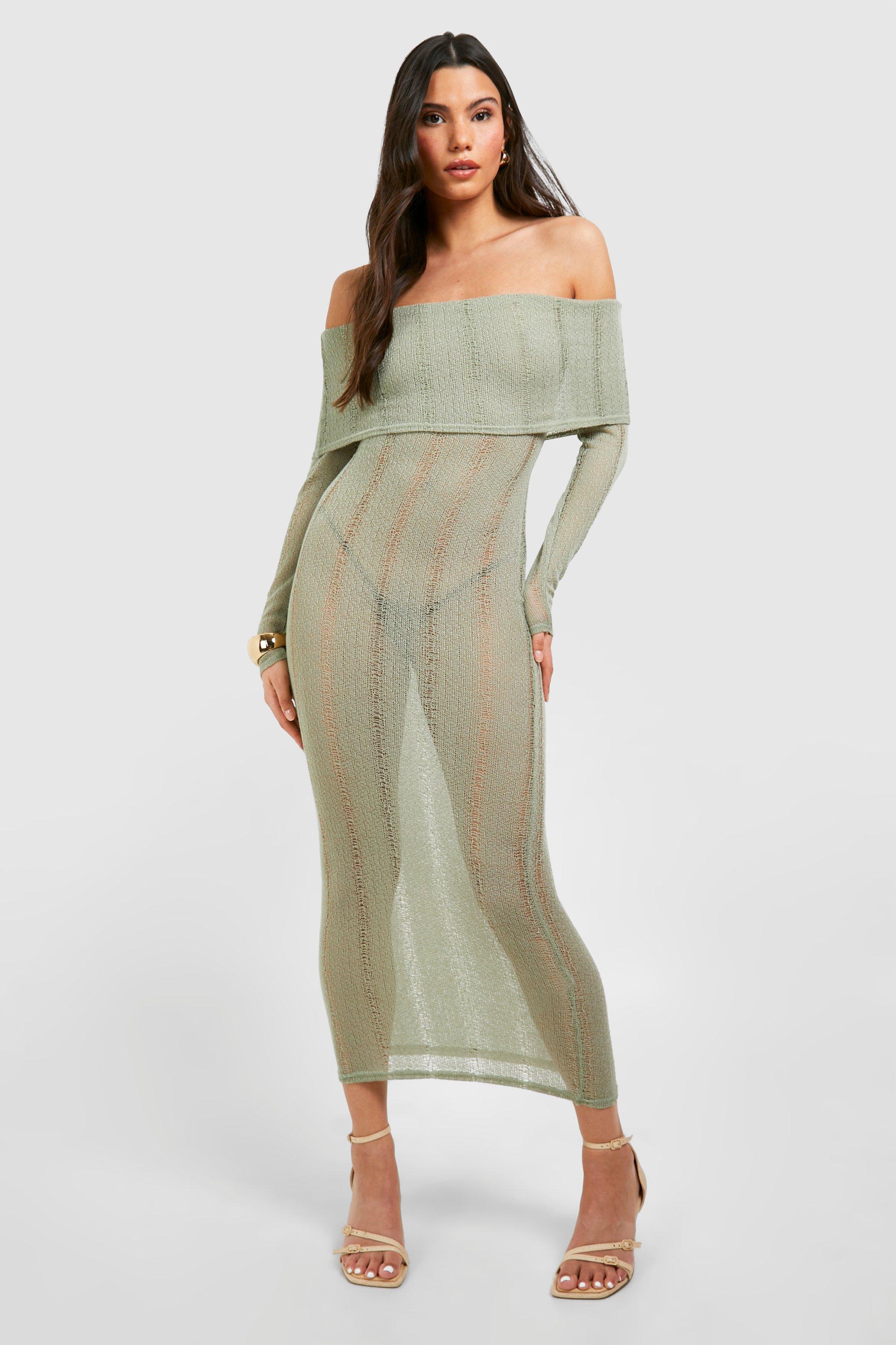 Image of Texture Extreme Bardot Maxi Dress, Verde