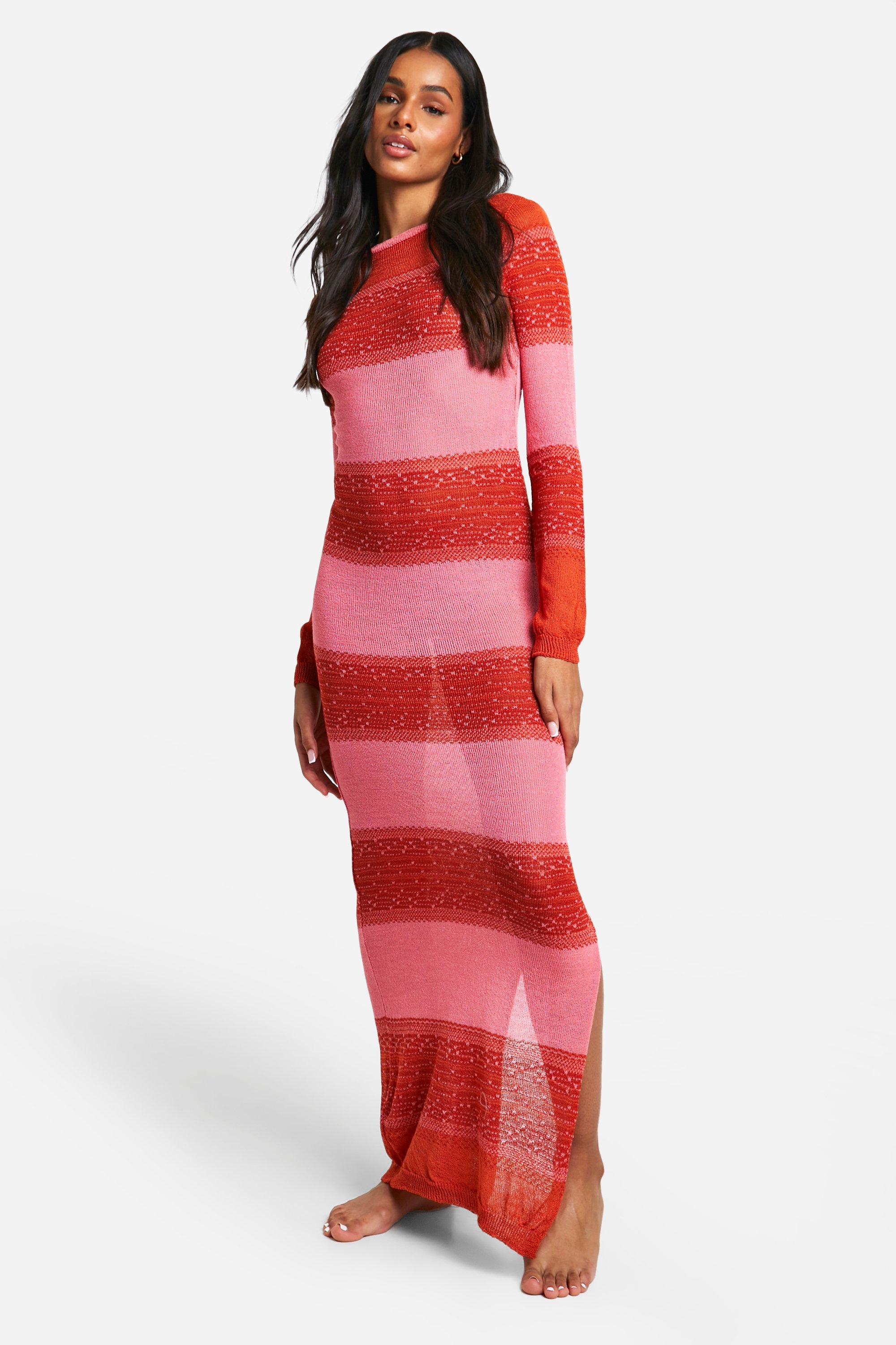 Image of Tall Crochet Beach Striped Maxi Dress, Pink