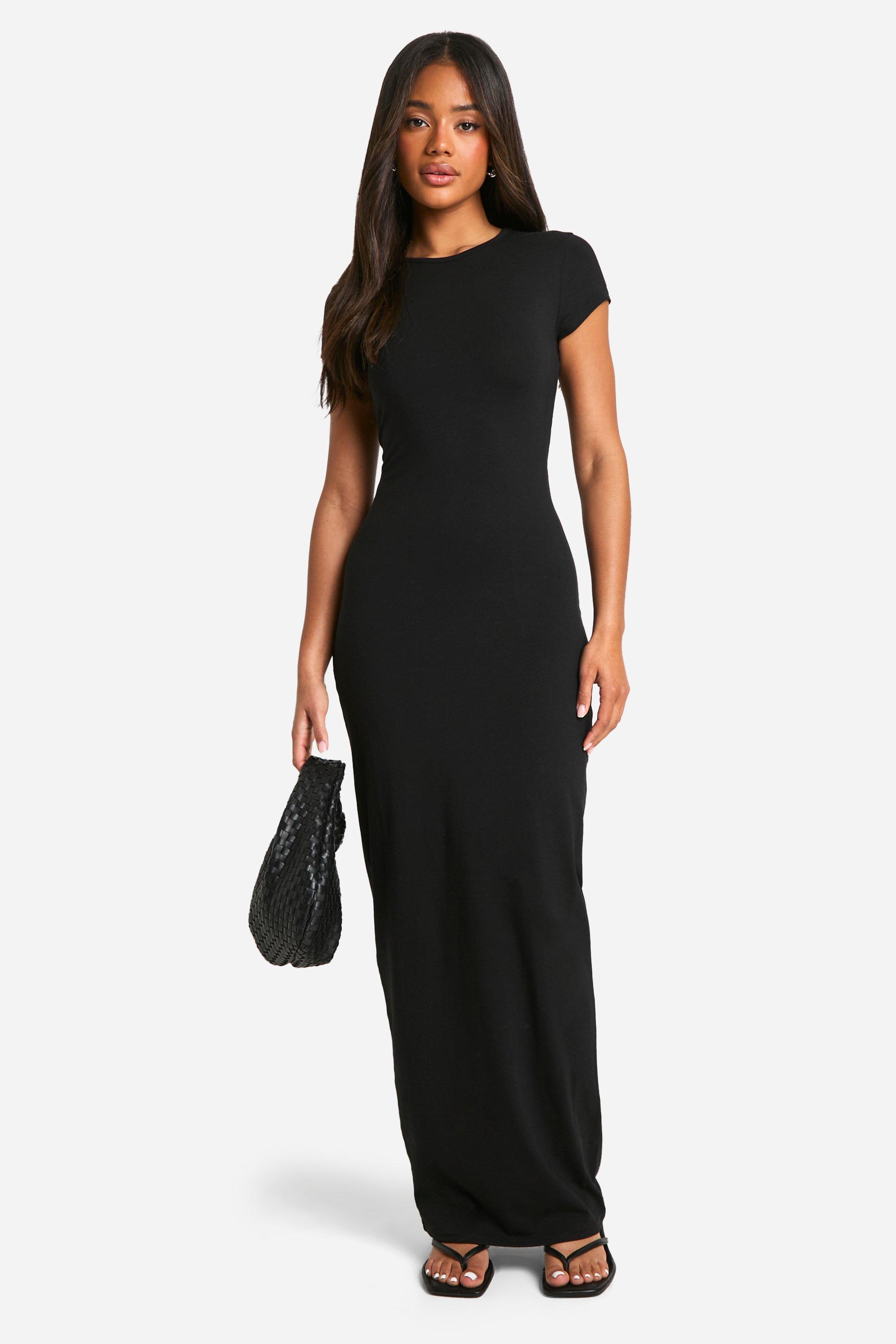 Womens Basic Cotton Crew Neck Bodycon Maxi Dress - Black - 18, Black