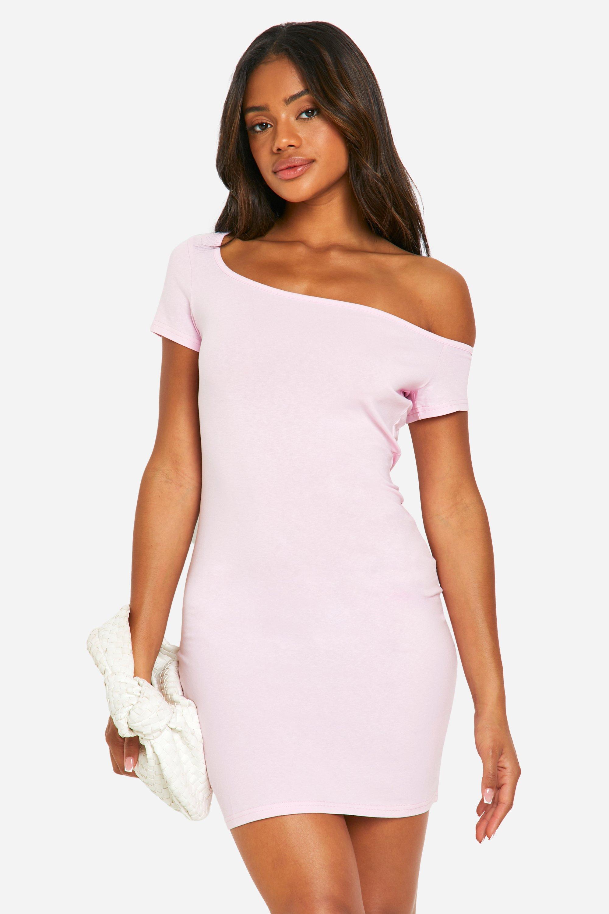 Boohoo Basic Cotton Asym Neck Bodycon Dress, Pink