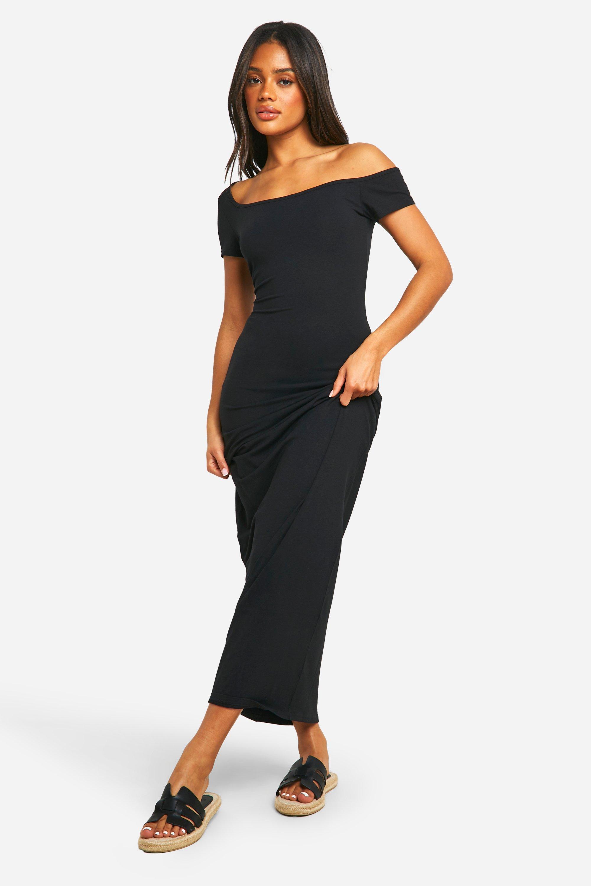 Womens Basic Cotton Asymmetric Neck Bodycon Maxi Dress - Black - 16, Black