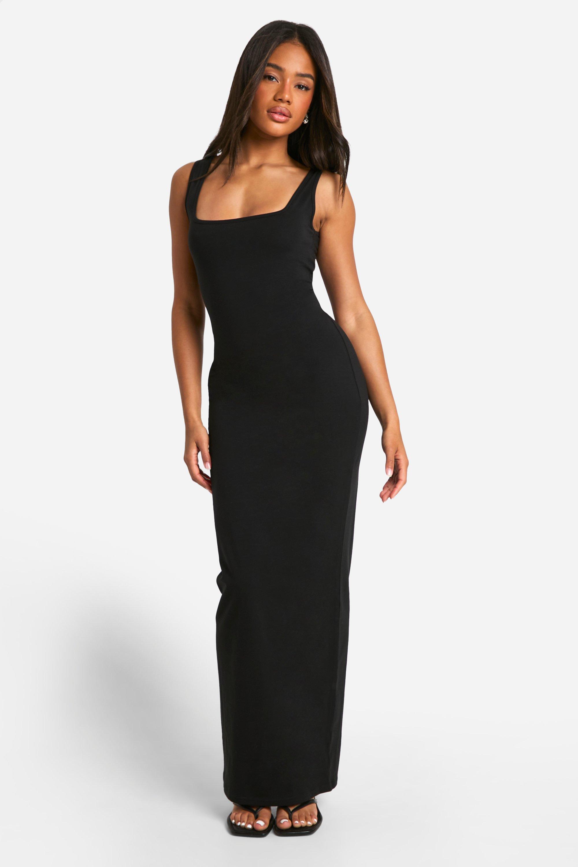 Womens Basic Cotton Square Neck Maxi Dress - Black - 10, Black