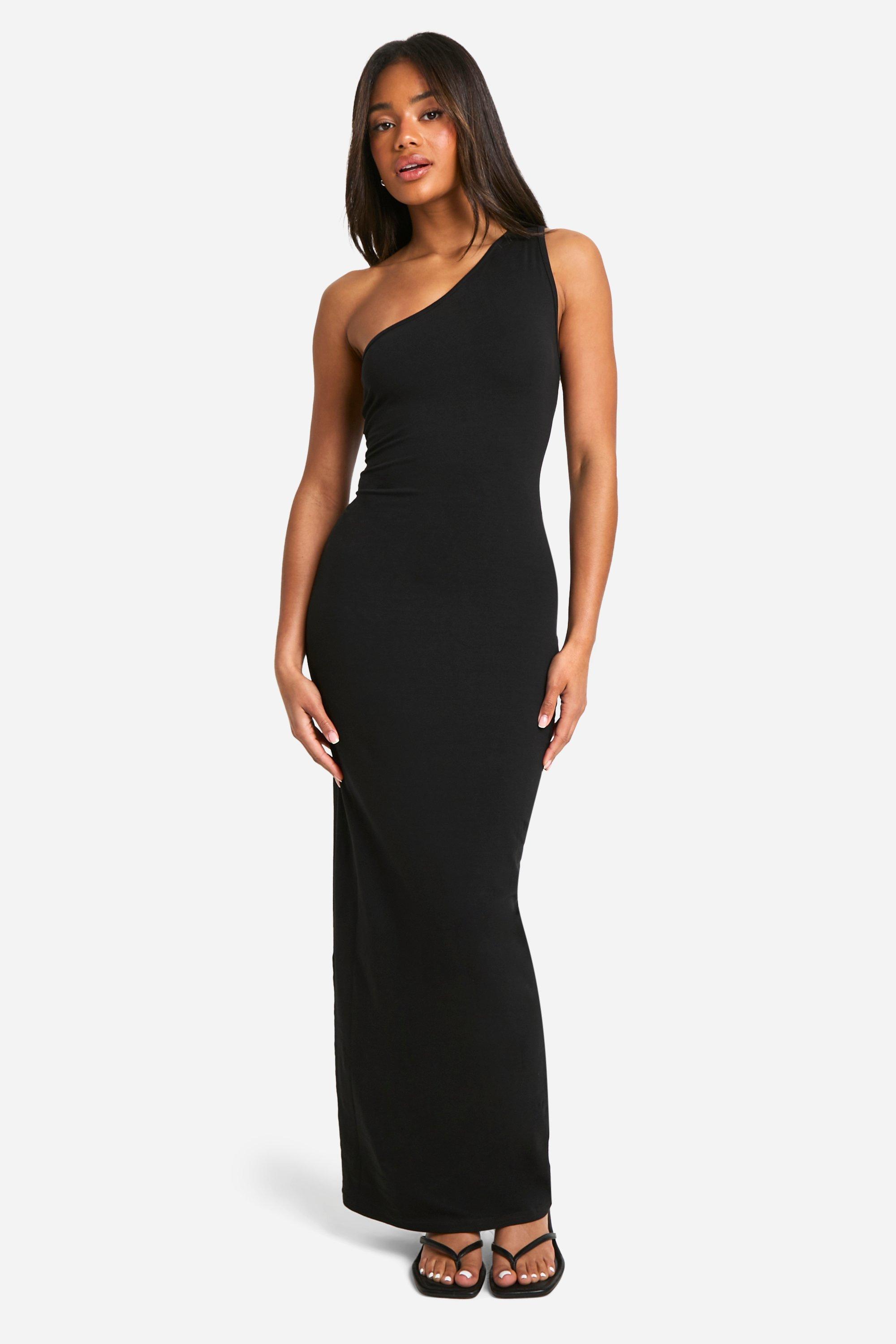 Womens Basic Cotton Asymmetric Neck Maxi Dress - Black - 10, Black