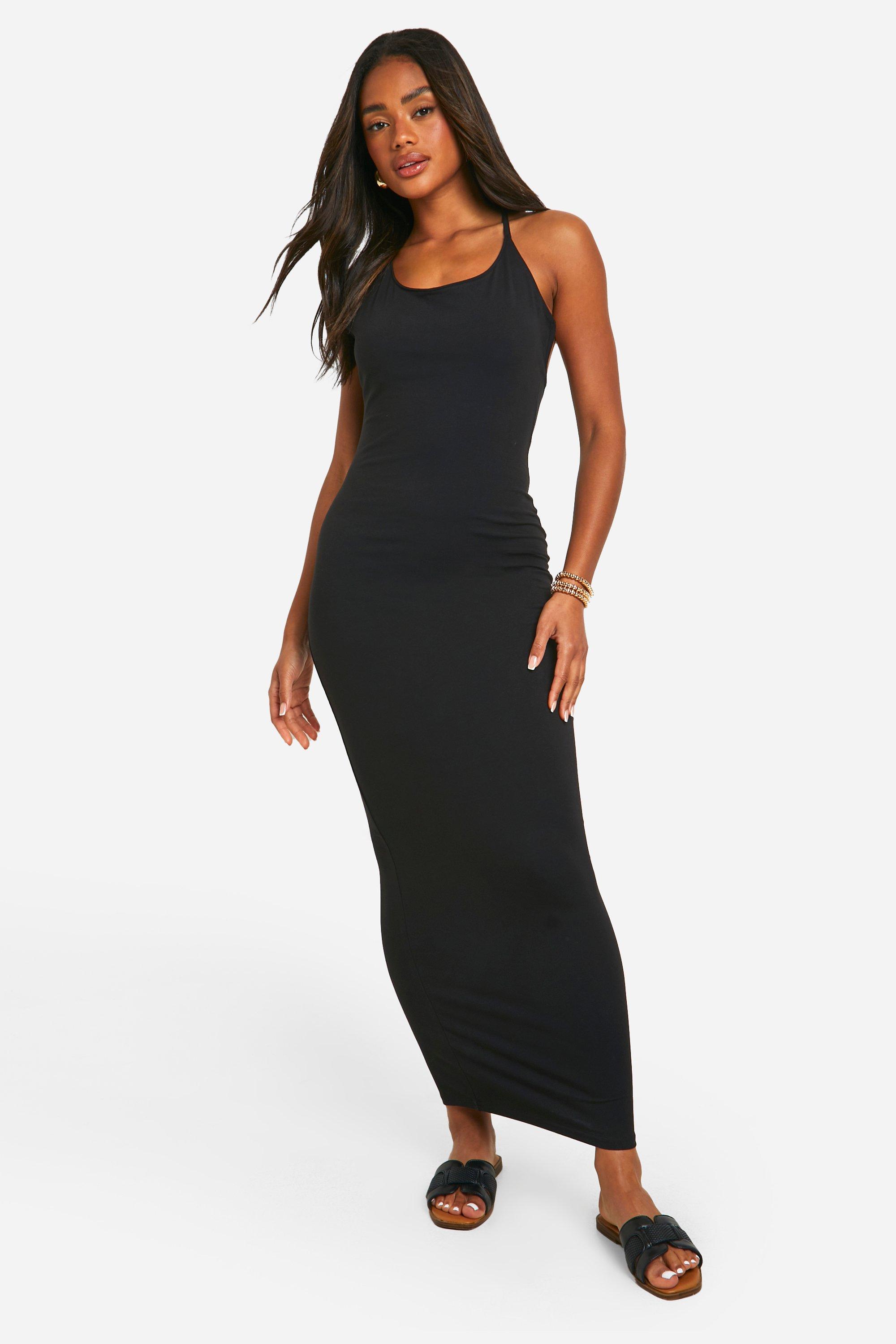 Womens Basic Cotton Strappy Cross Back Maxi Dress - Black - 16, Black