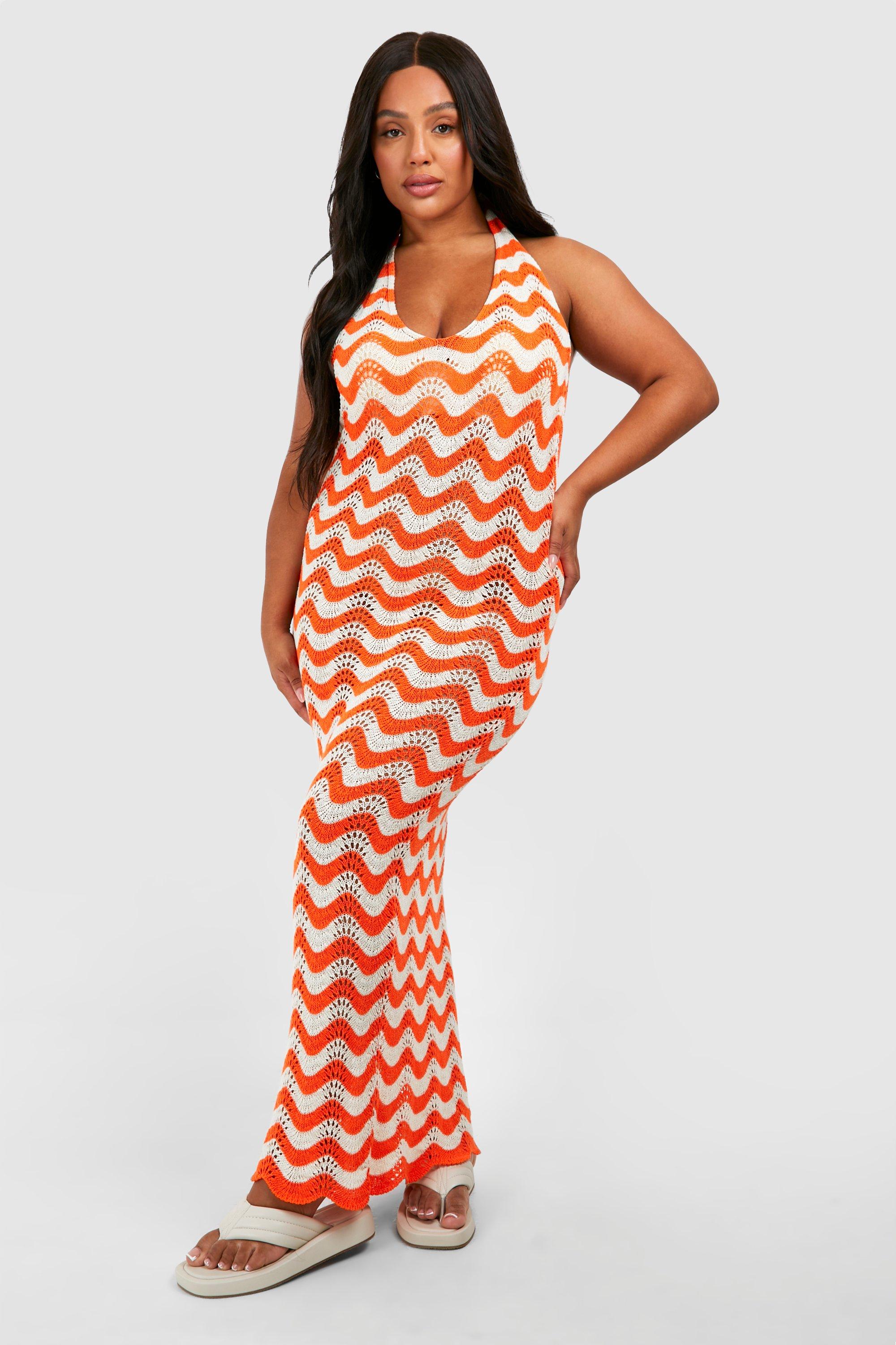 Boohoo Plus Stripped Halter Neck Wave Crochet Maxi Dress, Orange