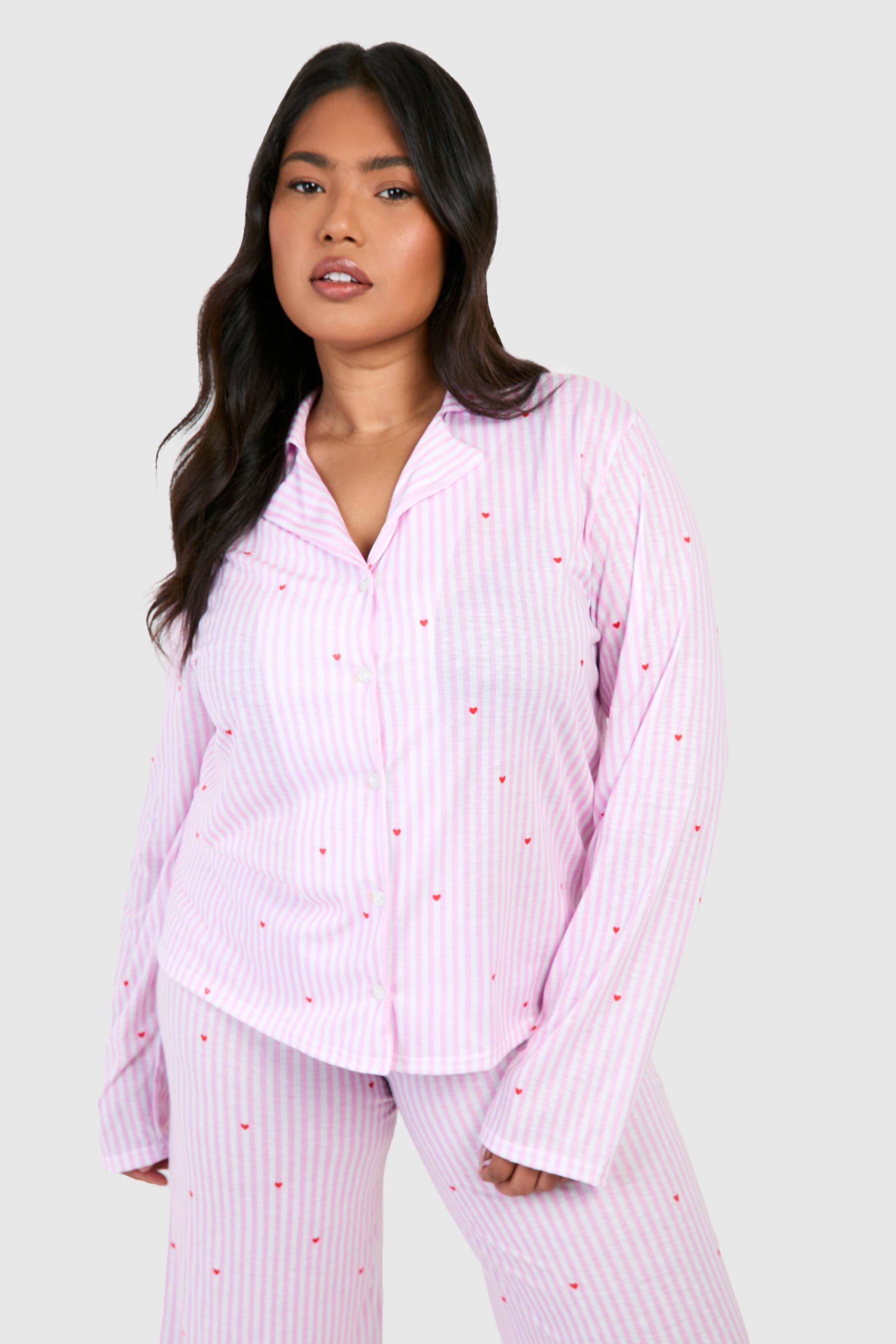 Womens Plus Love Heart Pinstripe Long Sleeve Button Pj Shirt - Pink - 26, Pink