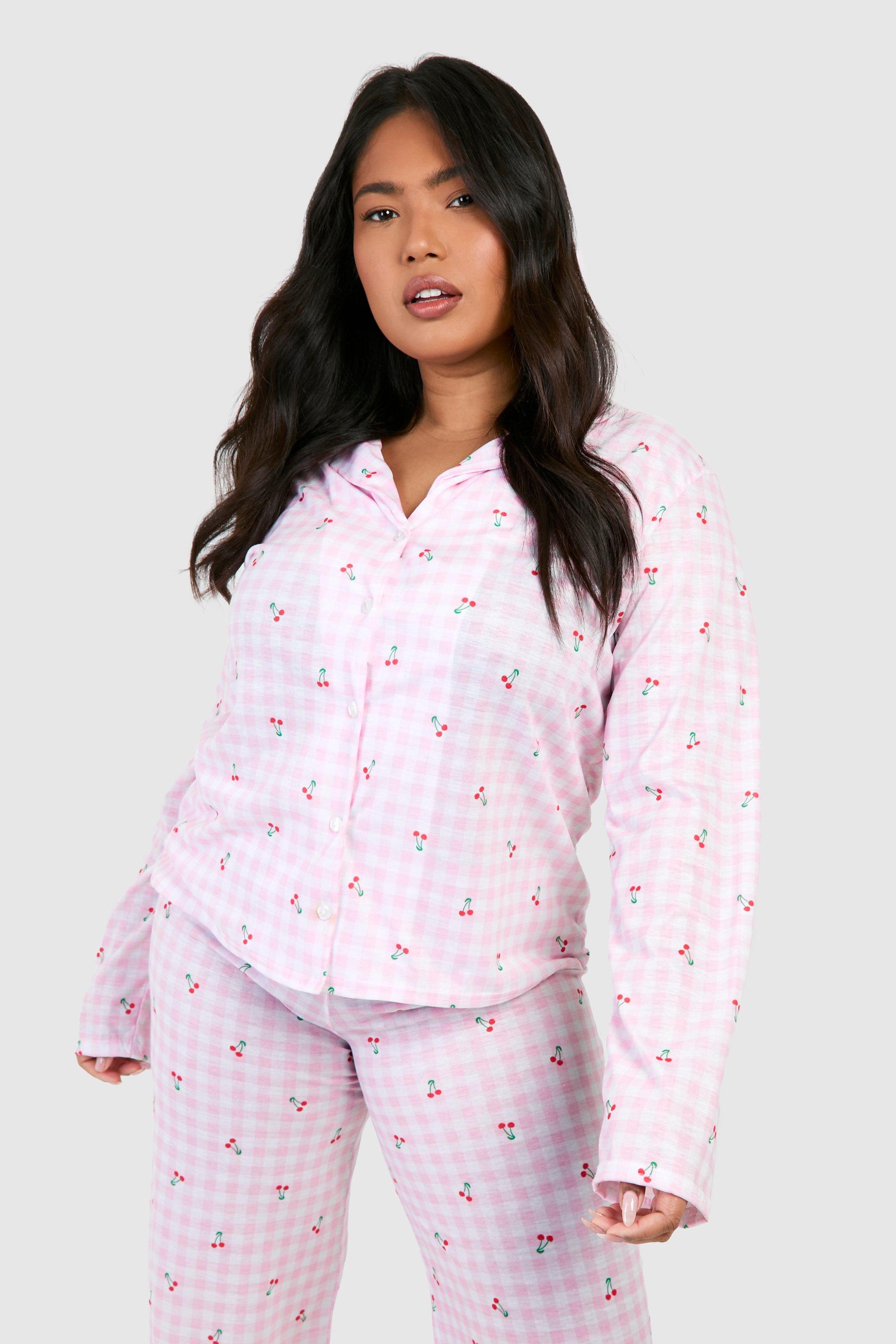 Image of Plus Cherry Checked Long Sleeve Button Pj Shirt, Pink