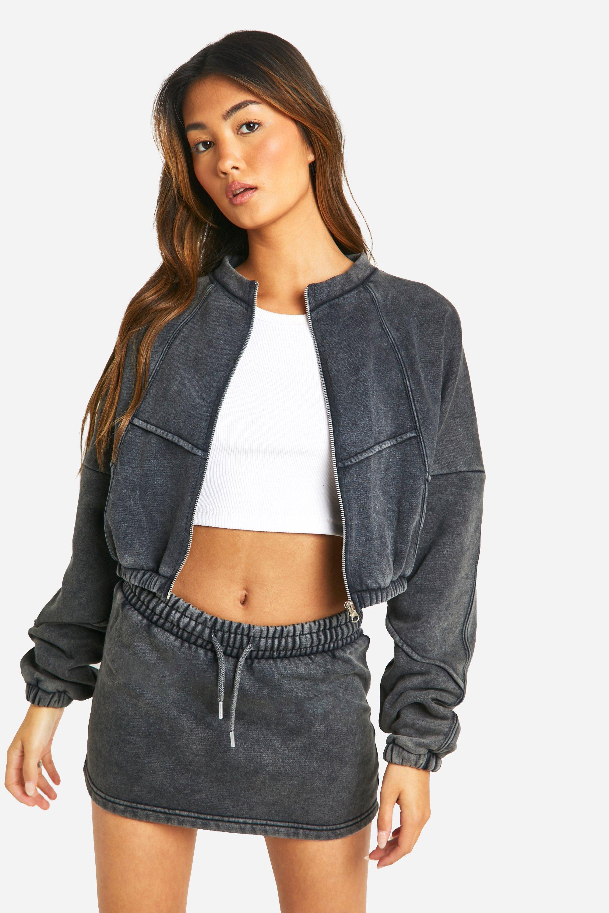 Image of Washed Seam Detail Bomber And Sweat Skirt Set, Grigio