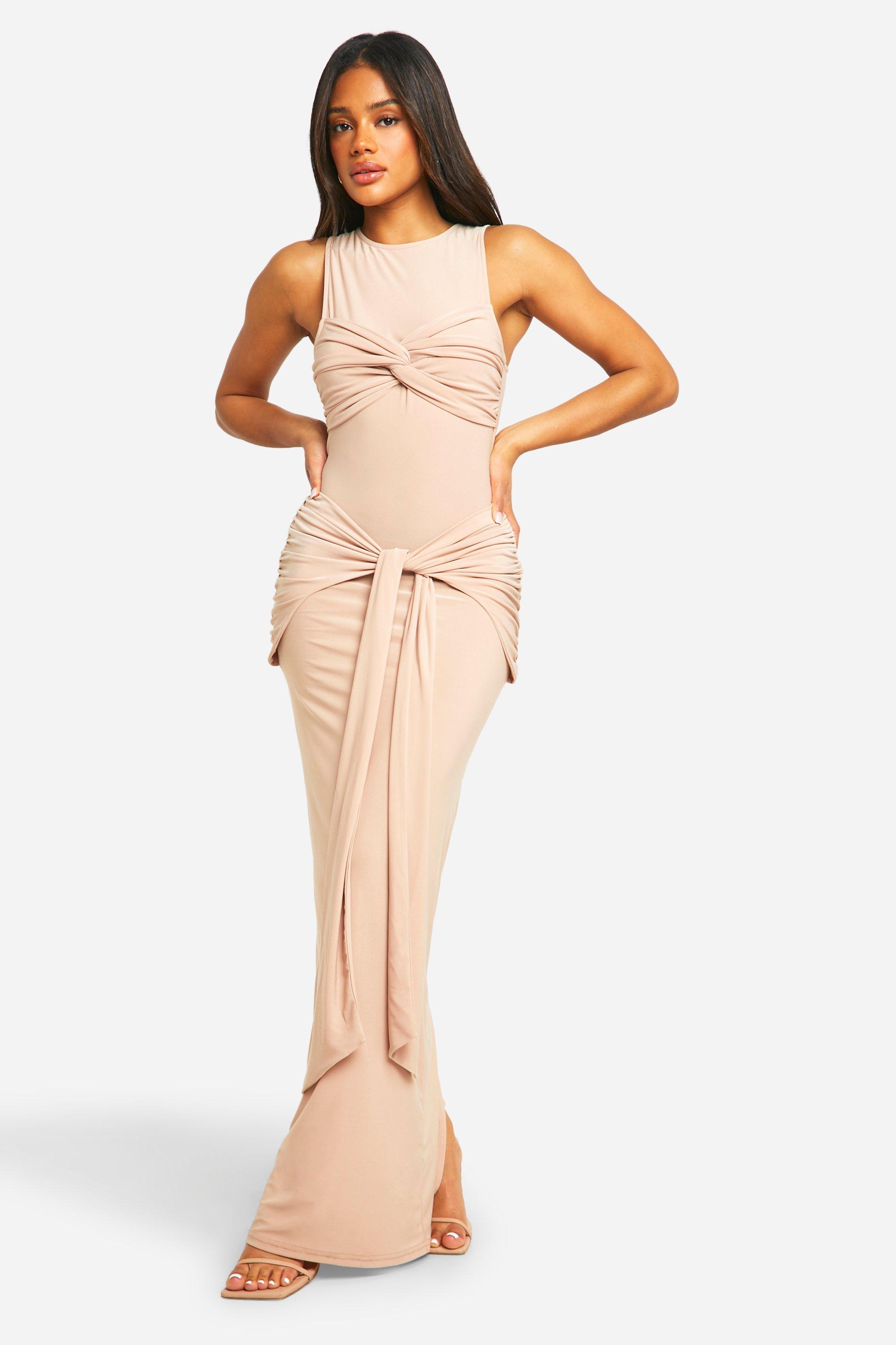 Boohoo Ruched Twist Detail Racer Neck Maxi Dress, Nude
