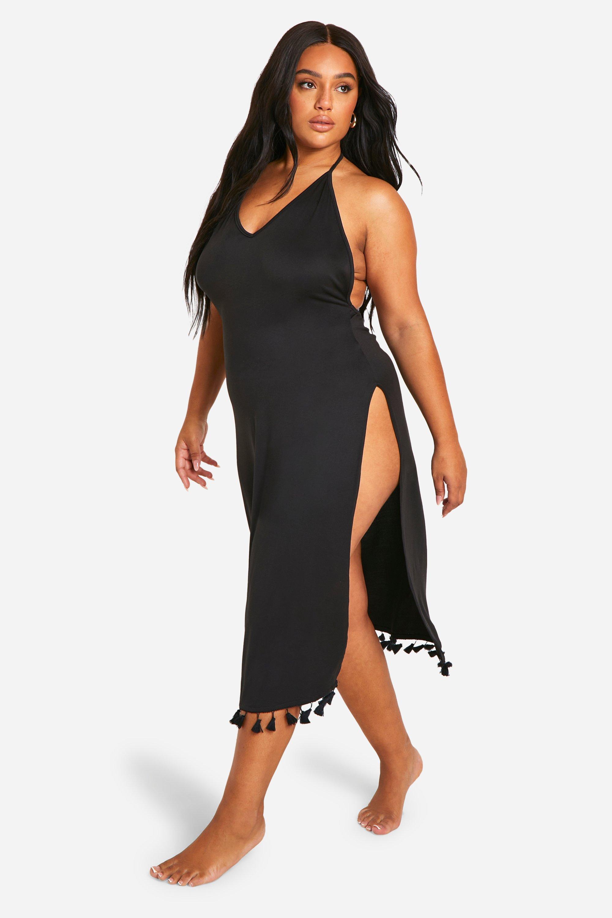 Boohoo Plus Tassel Hem Split Beach Dress, Black