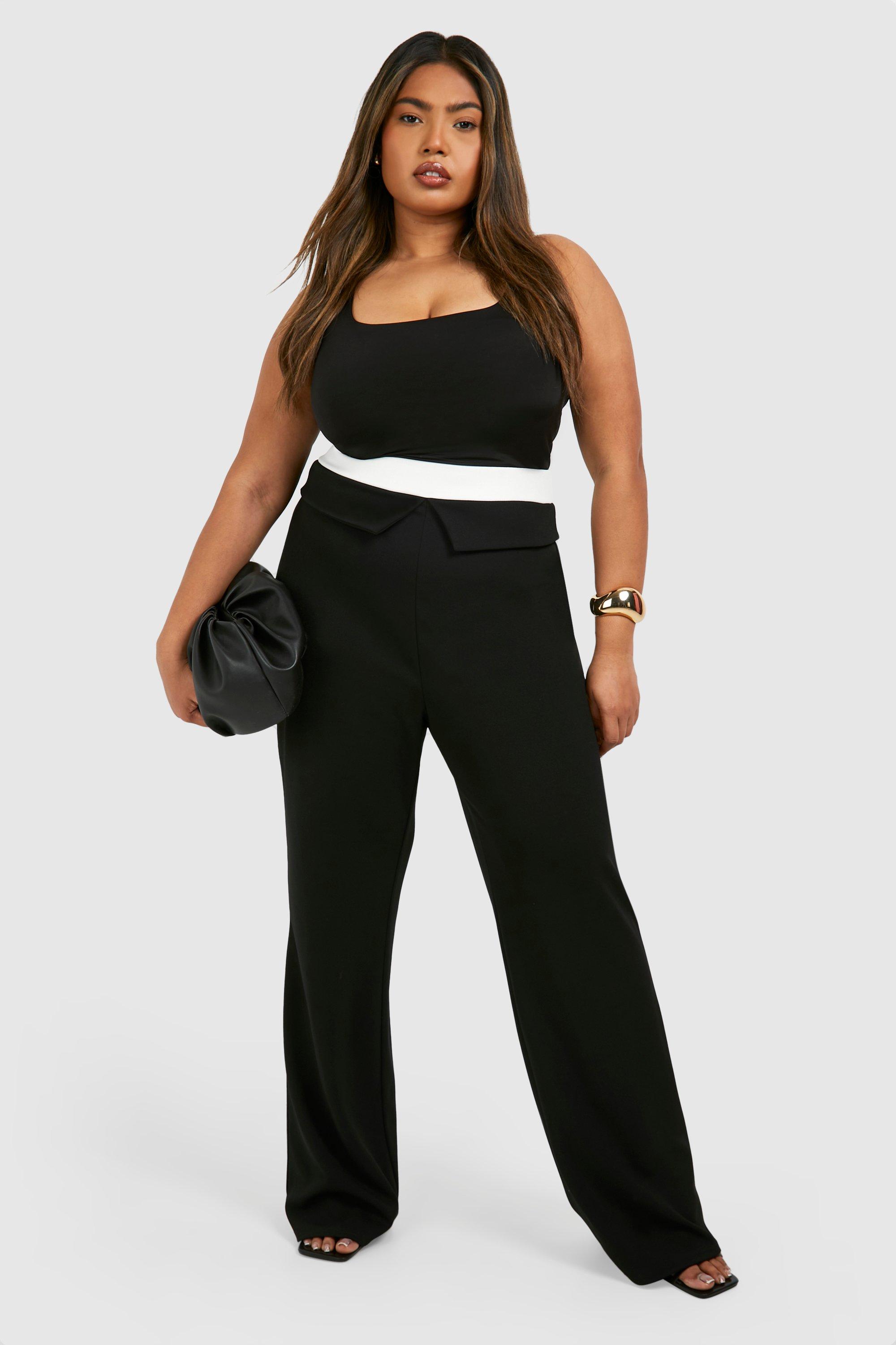 Image of Plus Jersey Contrast Fold Over Waistband Trouser, Nero