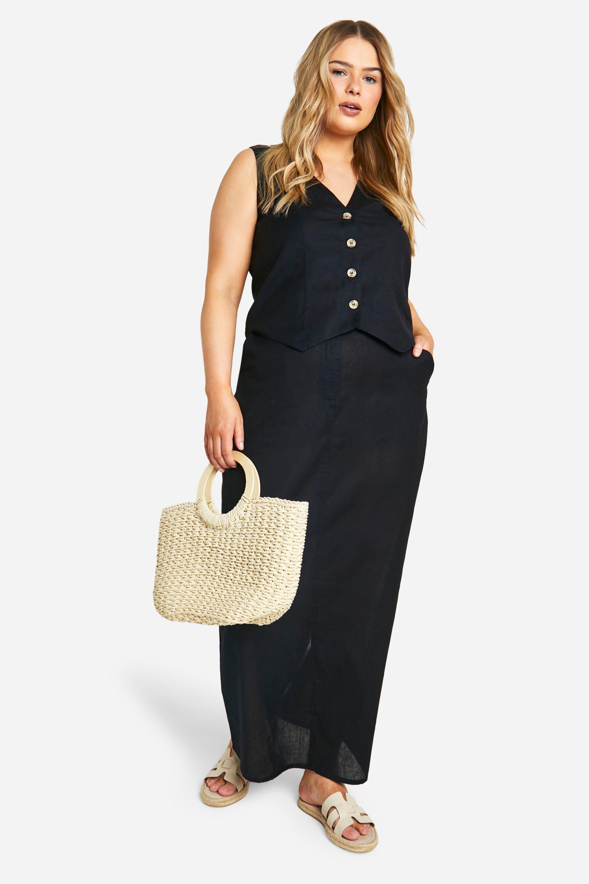Boohoo Plus Linnen Look Maxi Rok Met Print, Black
