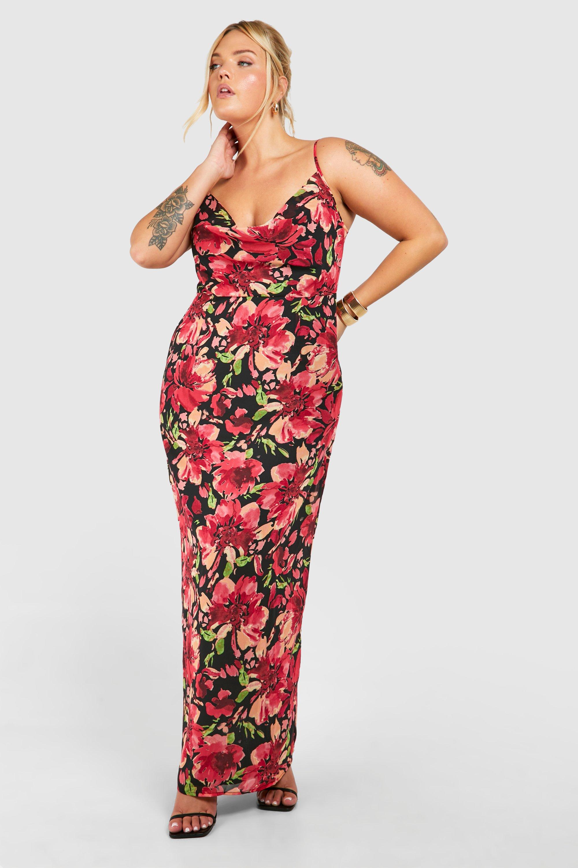 Image of Plus Floral Printed Maxi Slip Dress, Nero
