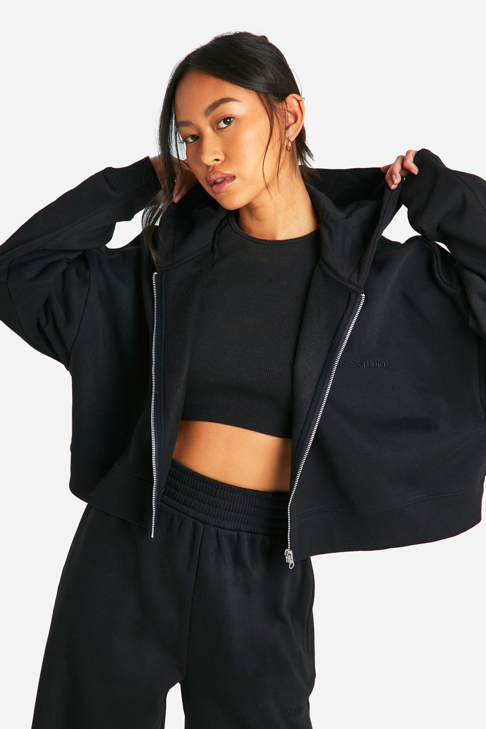 Womens Dsgn Studio Embroidered Zip Through Boxy Crop Hoodie - Black - S, Black