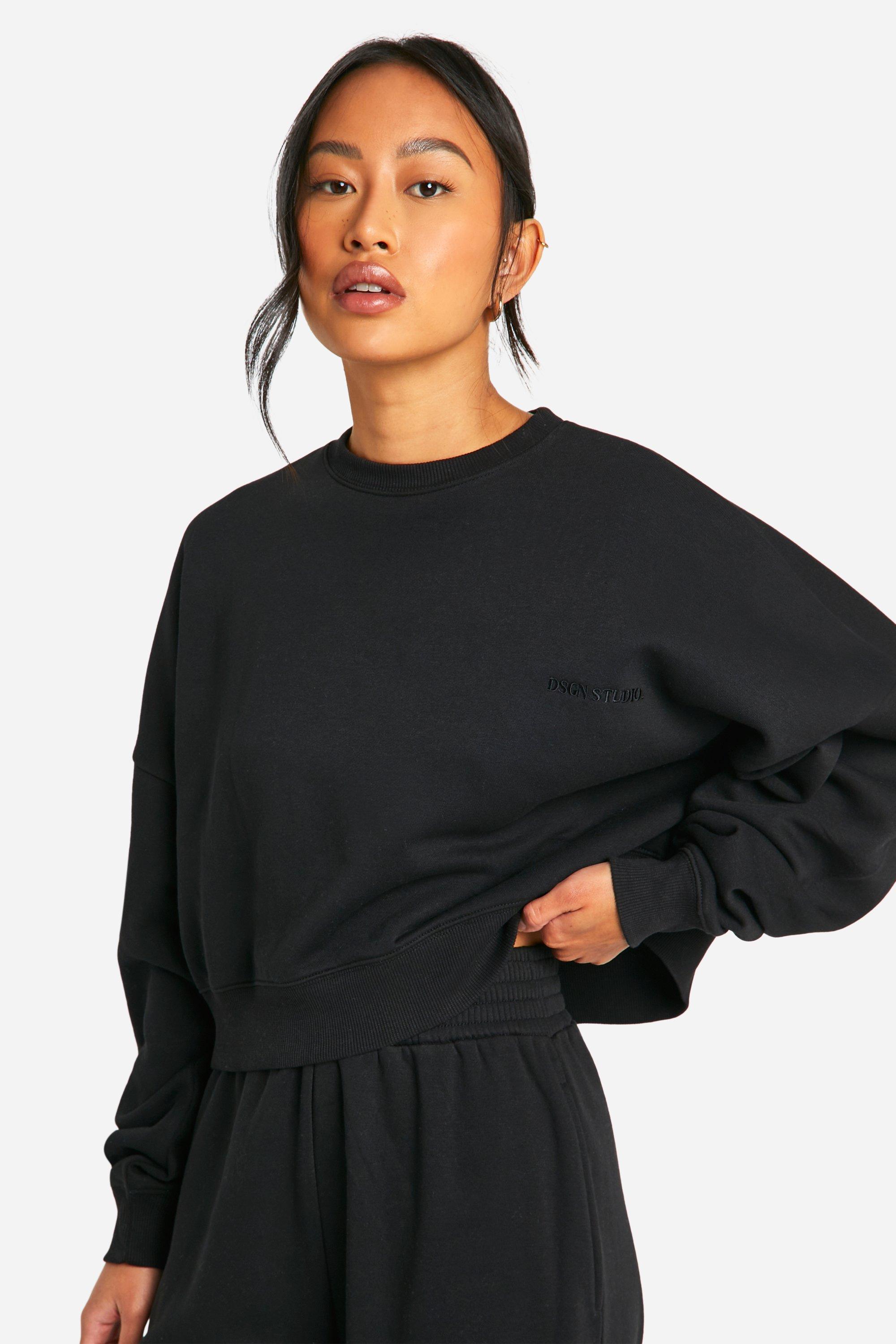 Womens Dsgn Studio Embroidered Boxy Crop Sweatshirt - Black - Xl, Black