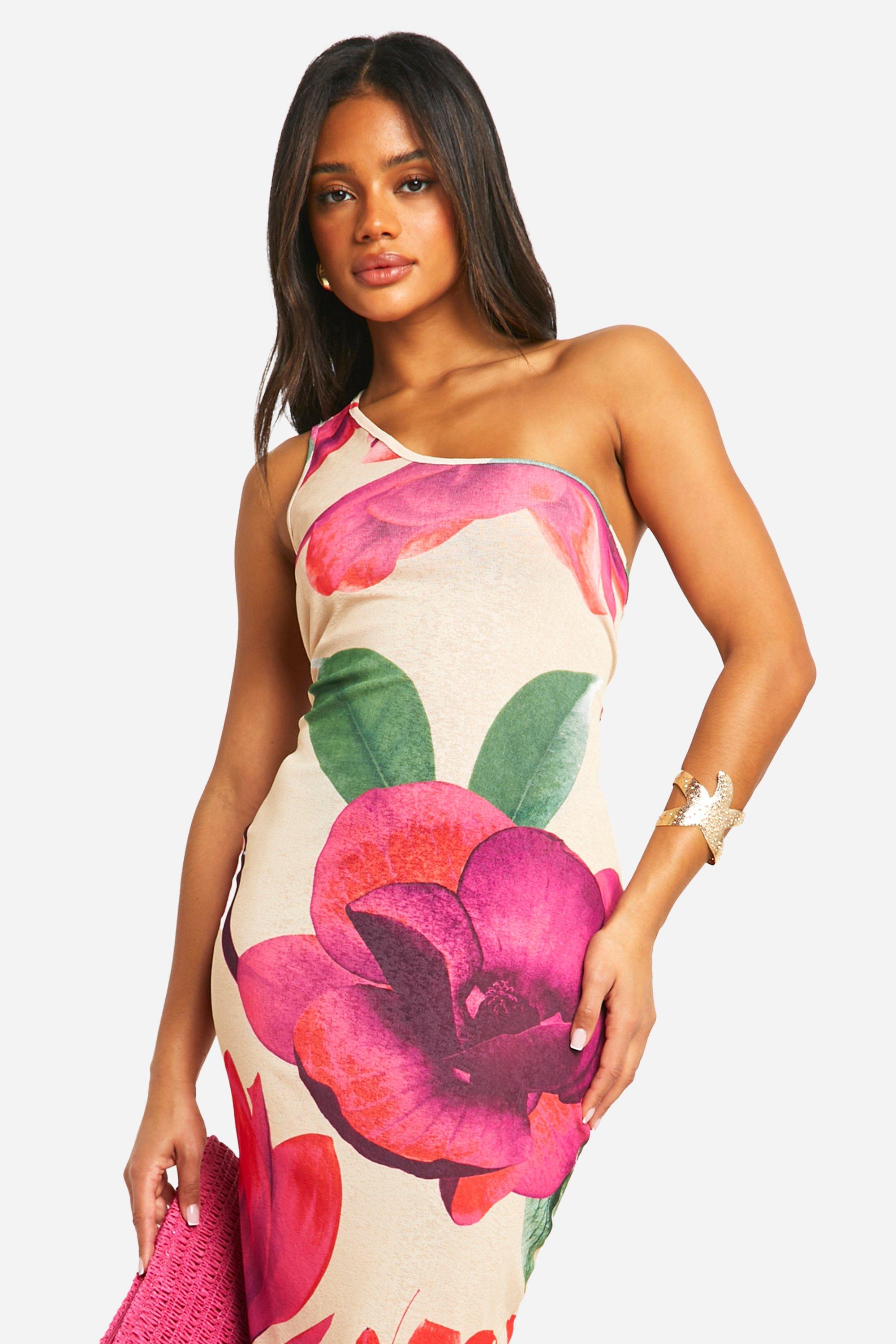 Image of Sheer Floral One Shoulder Open Back Maxi Dress, Multi