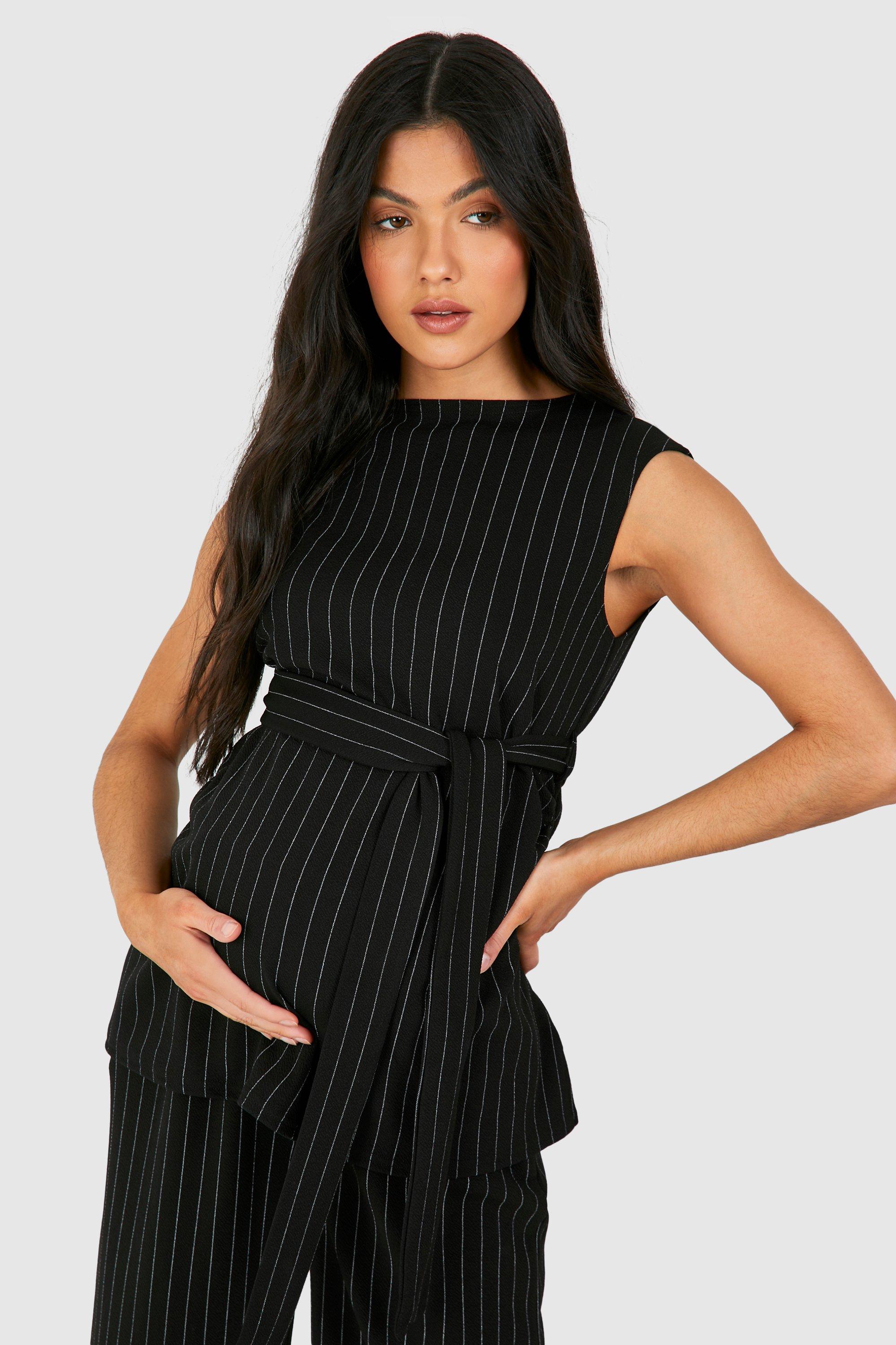 Image of Maternity Sleeveless Belted Pinstripe Crepe Top, Nero