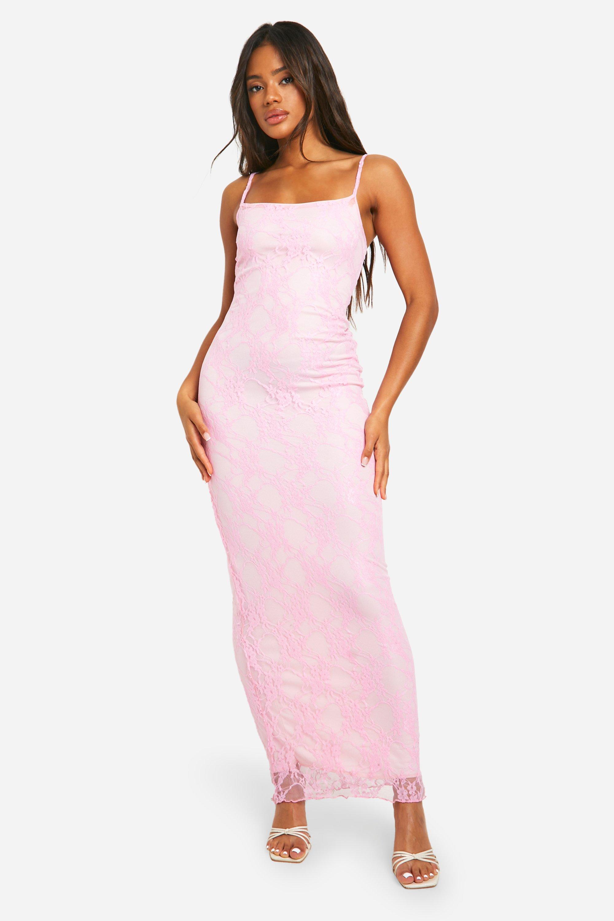 Image of Square Neck Strappy Lace Maxi Dress, Pink