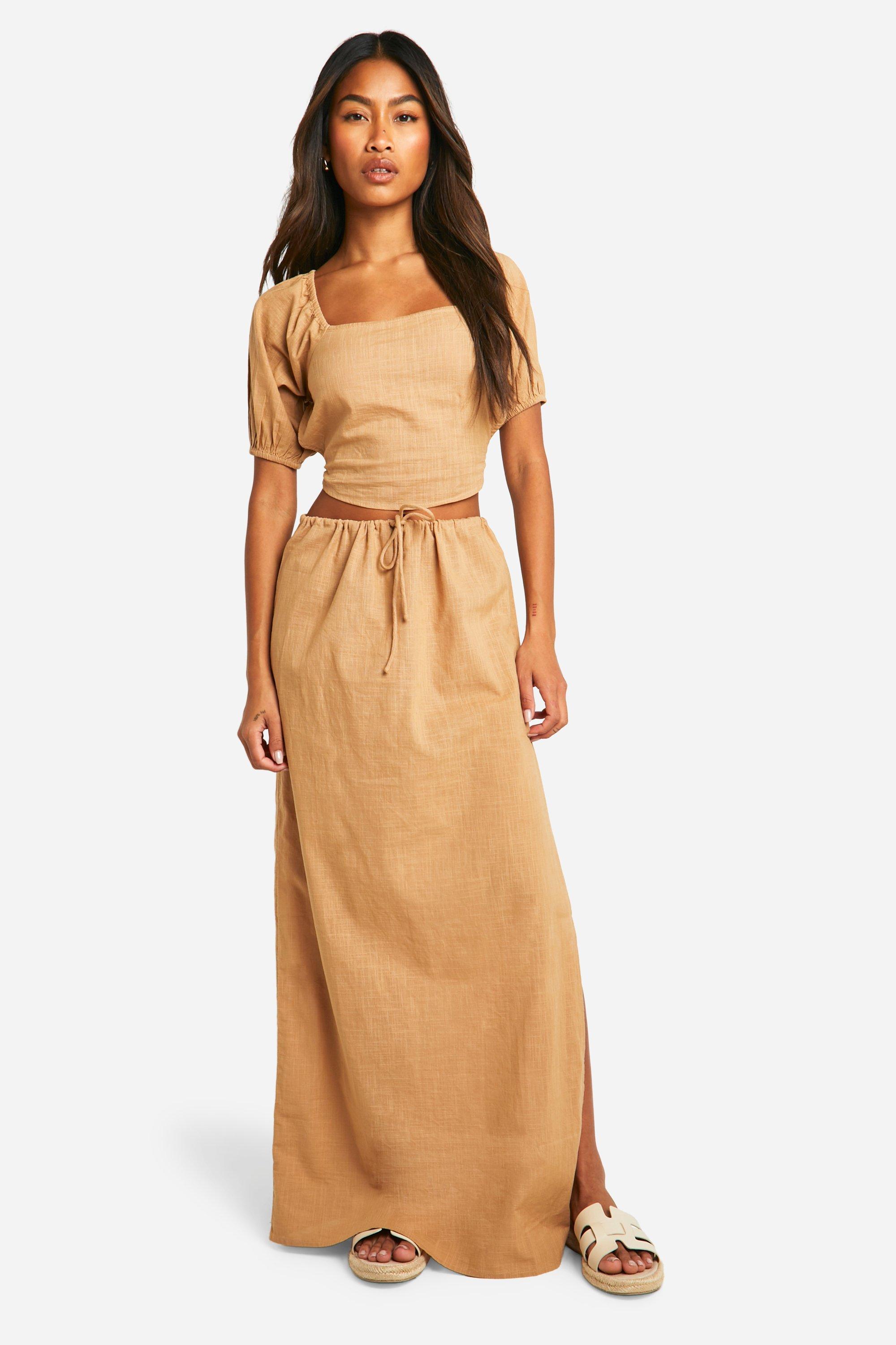 Boohoo Katoenen Maxi Rok Met Touwtjes, Stone