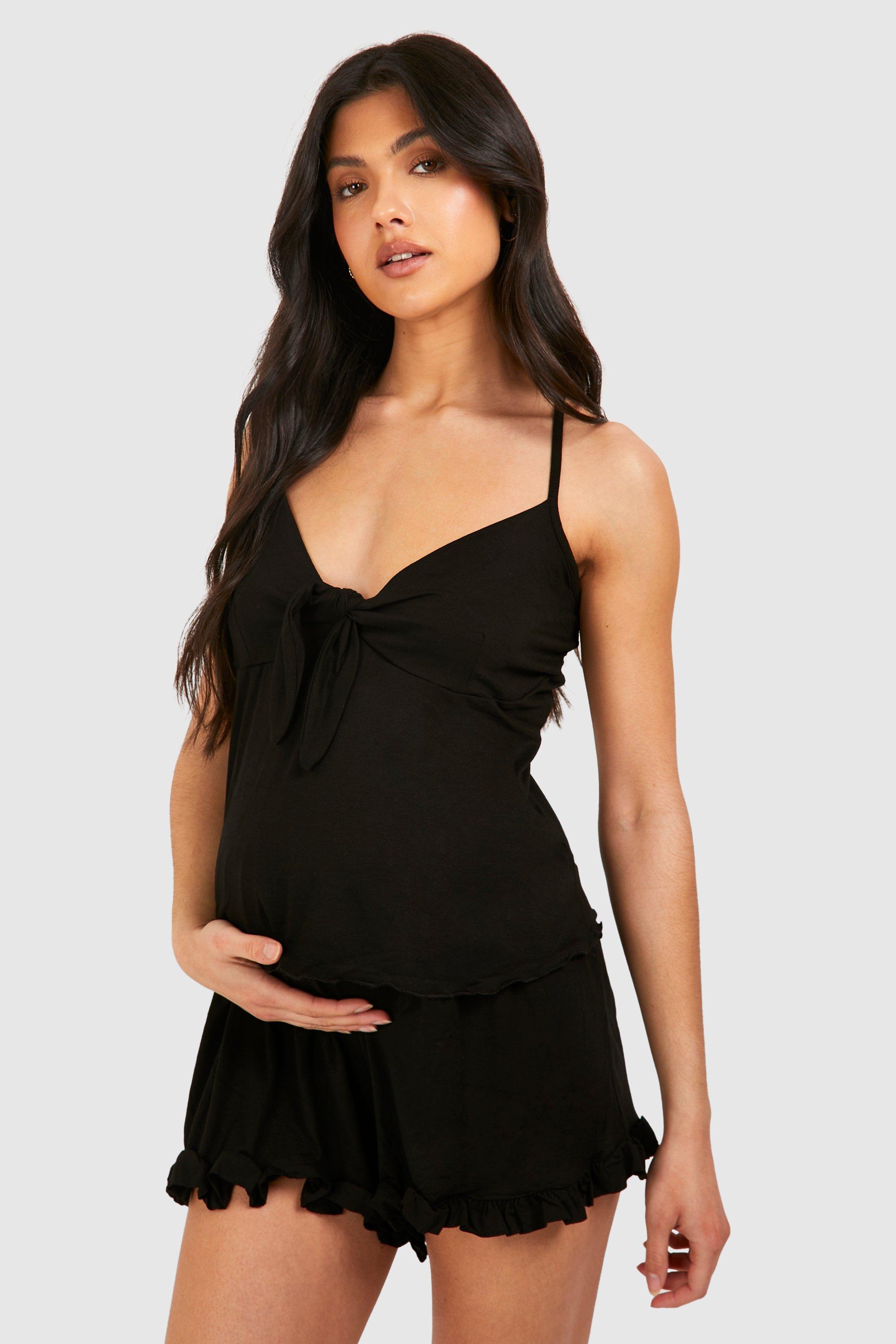 Womens Maternity Frill Hem Cami And Short Pyjama Set - Black - 14, Black