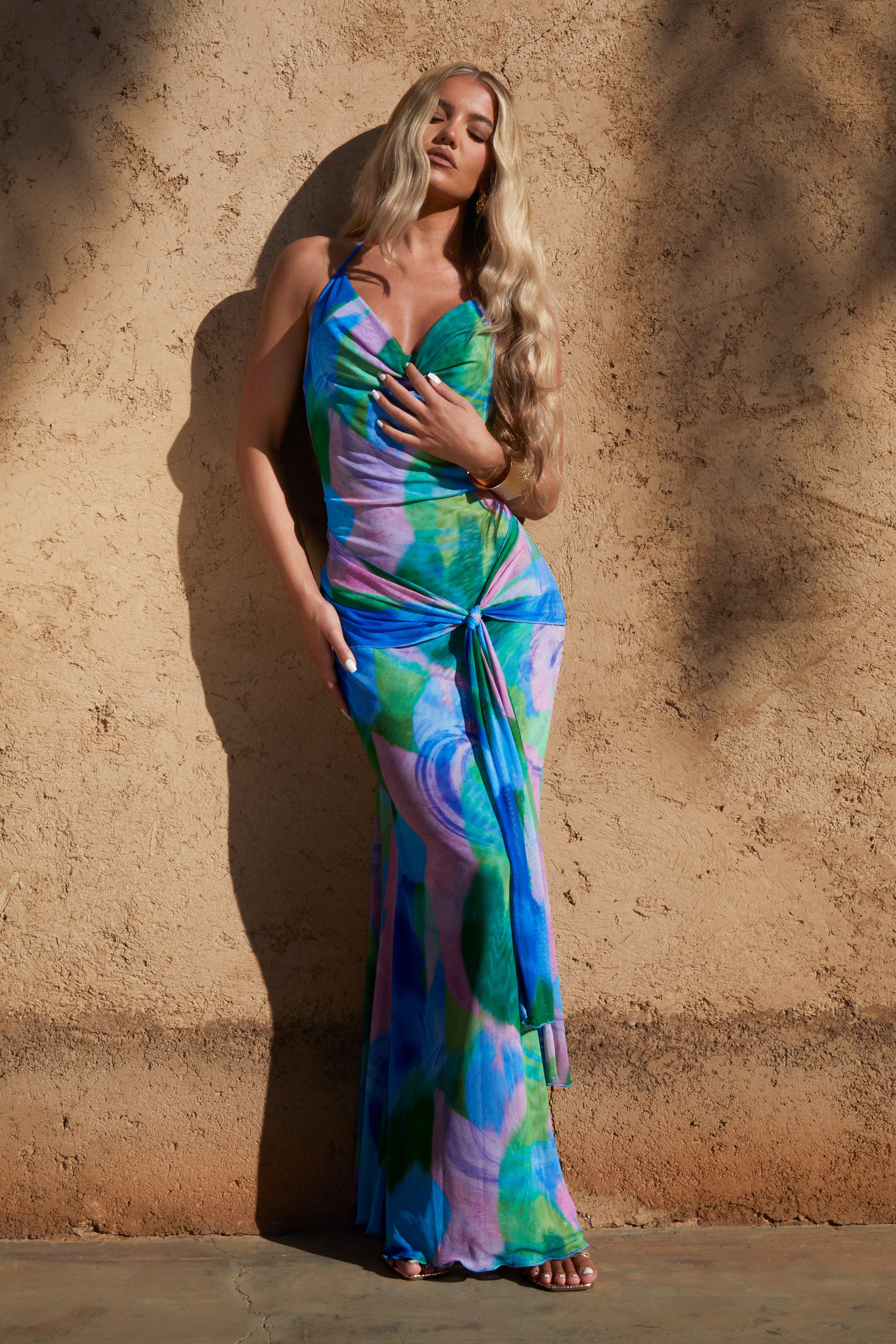 Image of Cowl Neck Tie Front Printed Maxi Dress, Multi