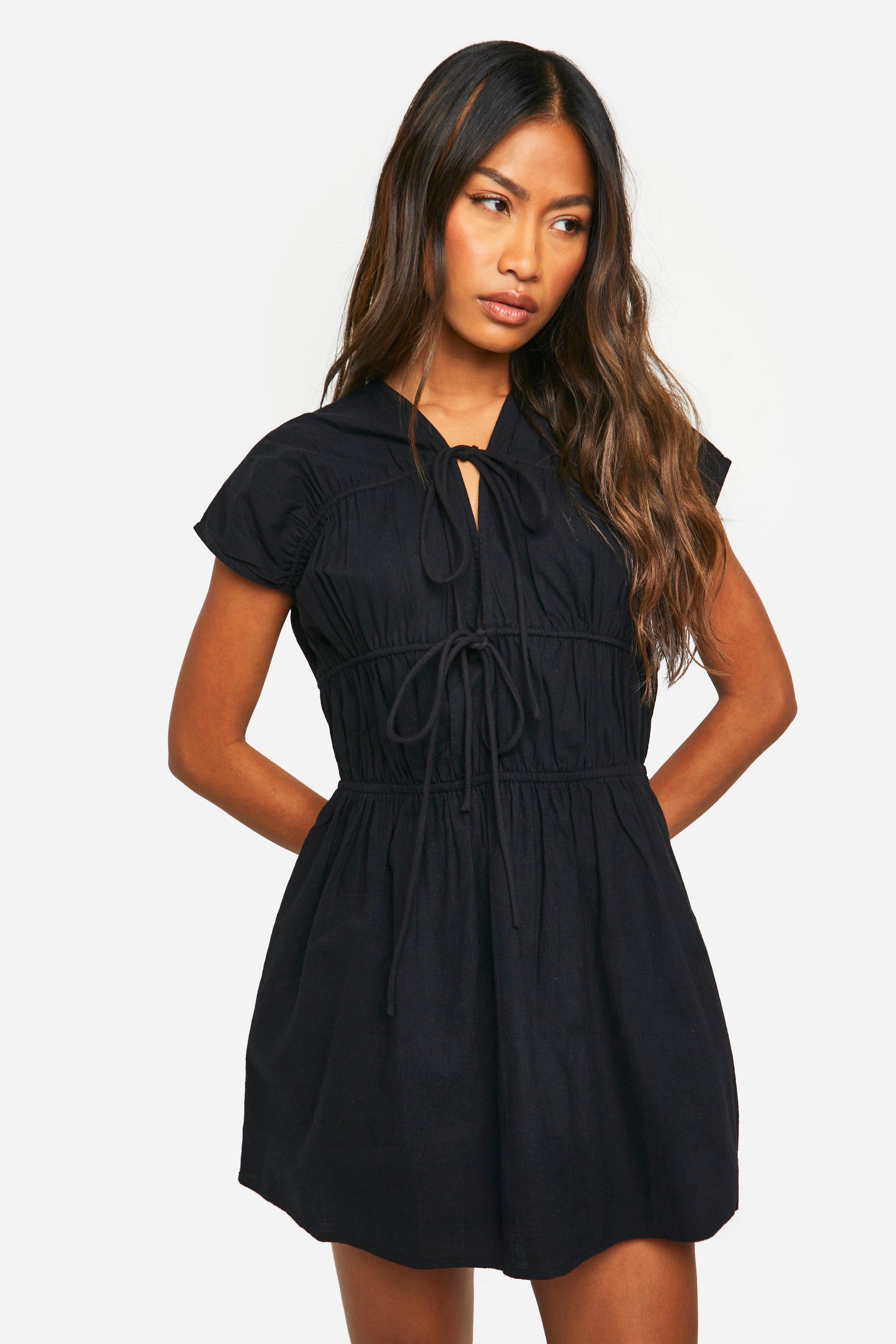 Womens Cotton Blend Ruched Plunge Mini Dress - Black - 10, Black