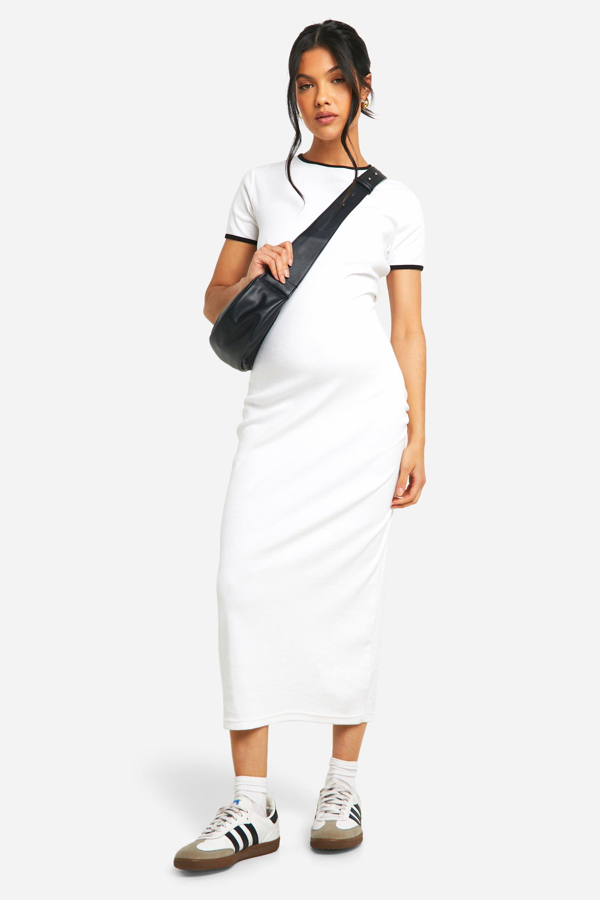 Boohoo Maternity Ribbed Cap Sleeve Contrast Binding Midaxi Dress, White
