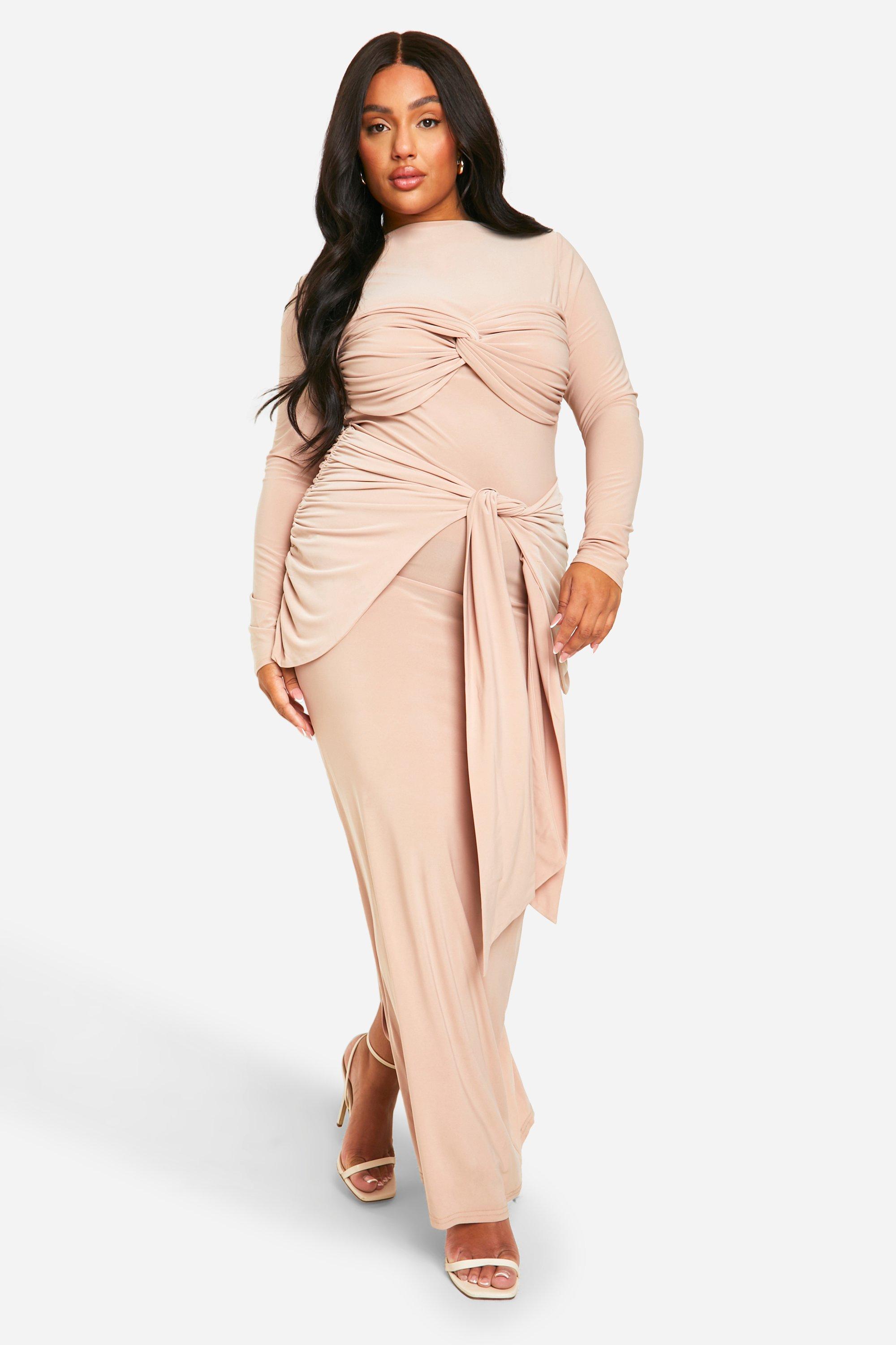 Image of Plus Double Slinky Ruched Tie Maxi Dress, Beige