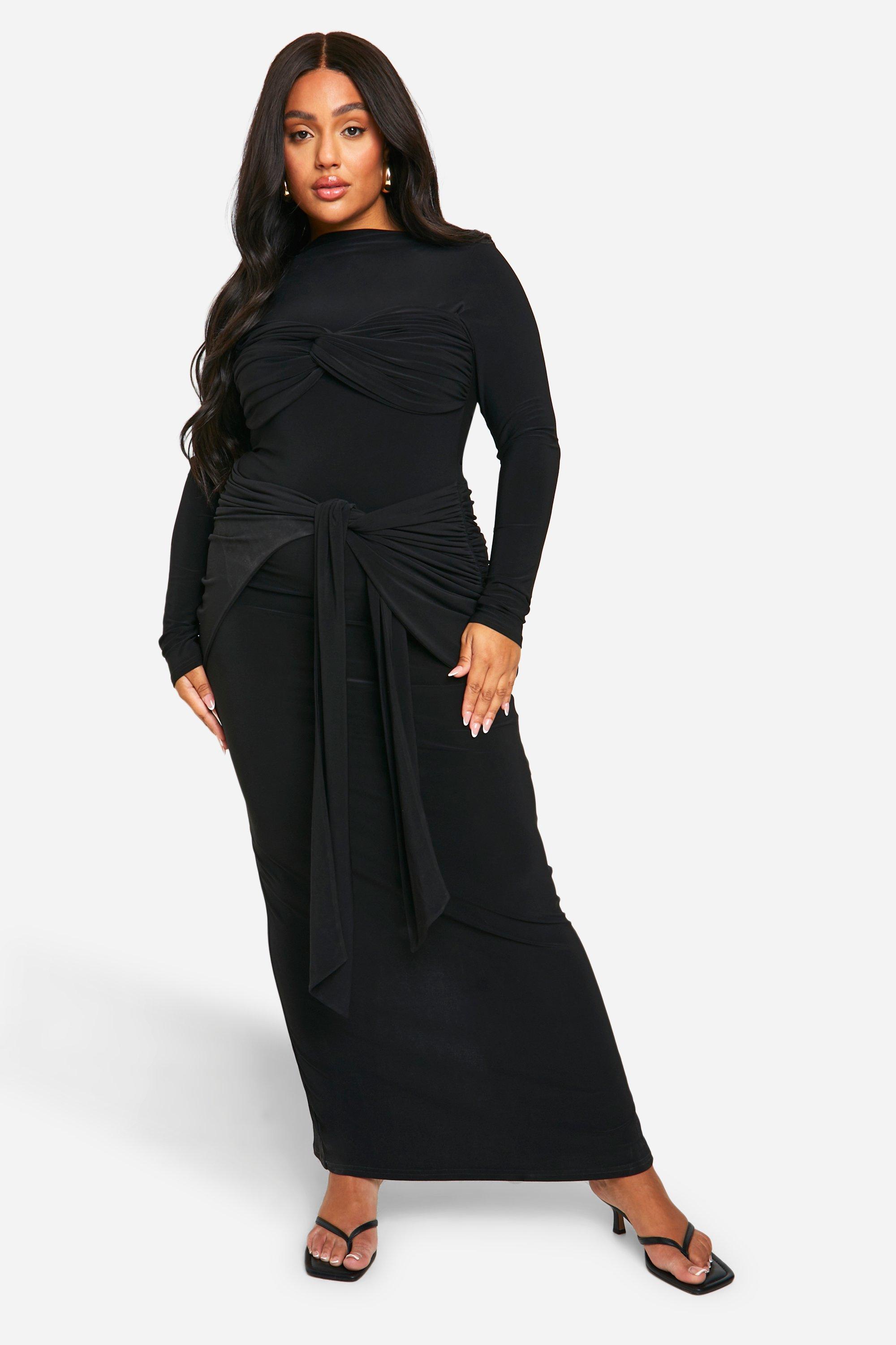 Boohoo Plus Double Slinky Ruched Tie Maxi Dress, Black