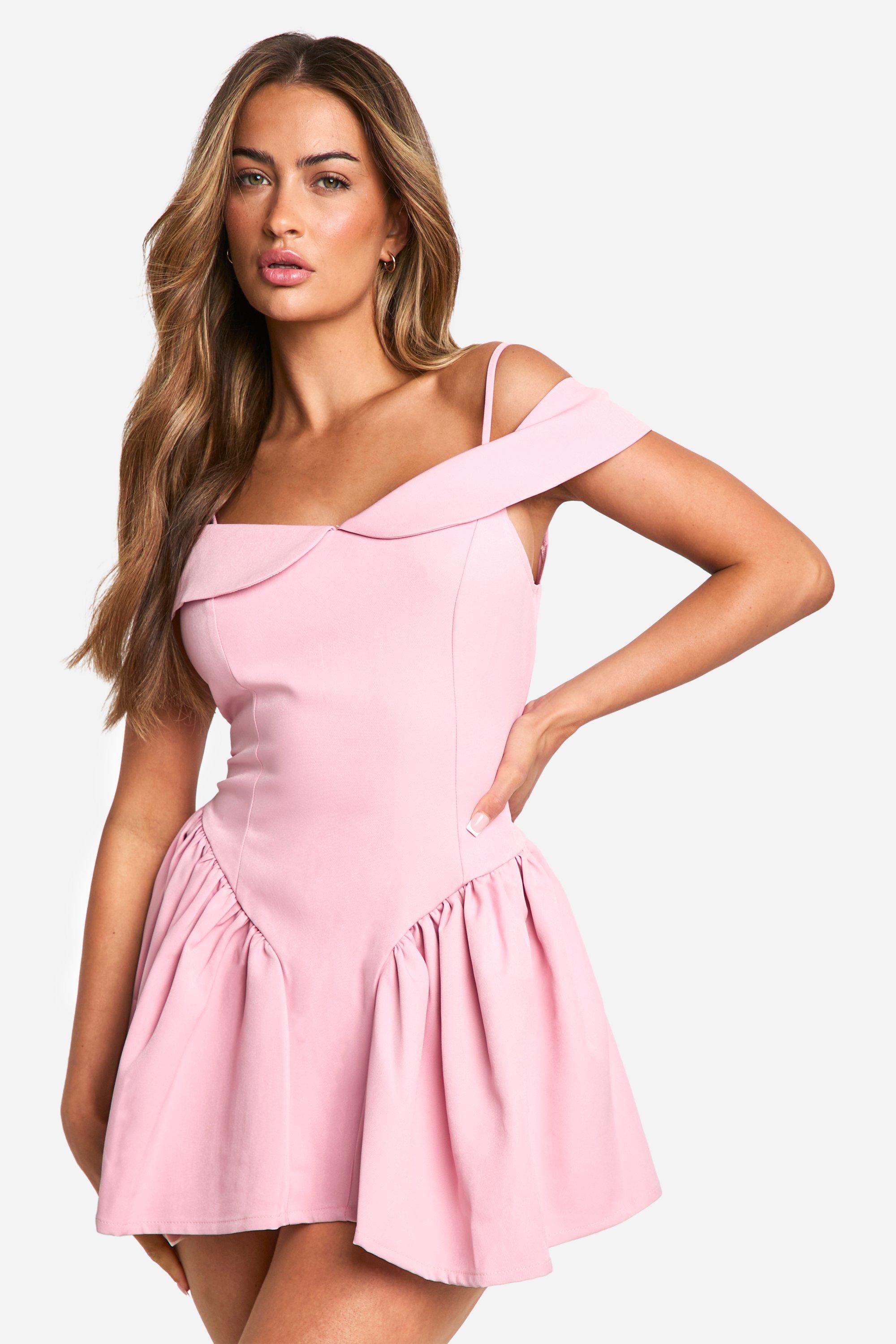 Boohoo Bandeau Tailored Full Skirt Mini Dress, Baby Pink