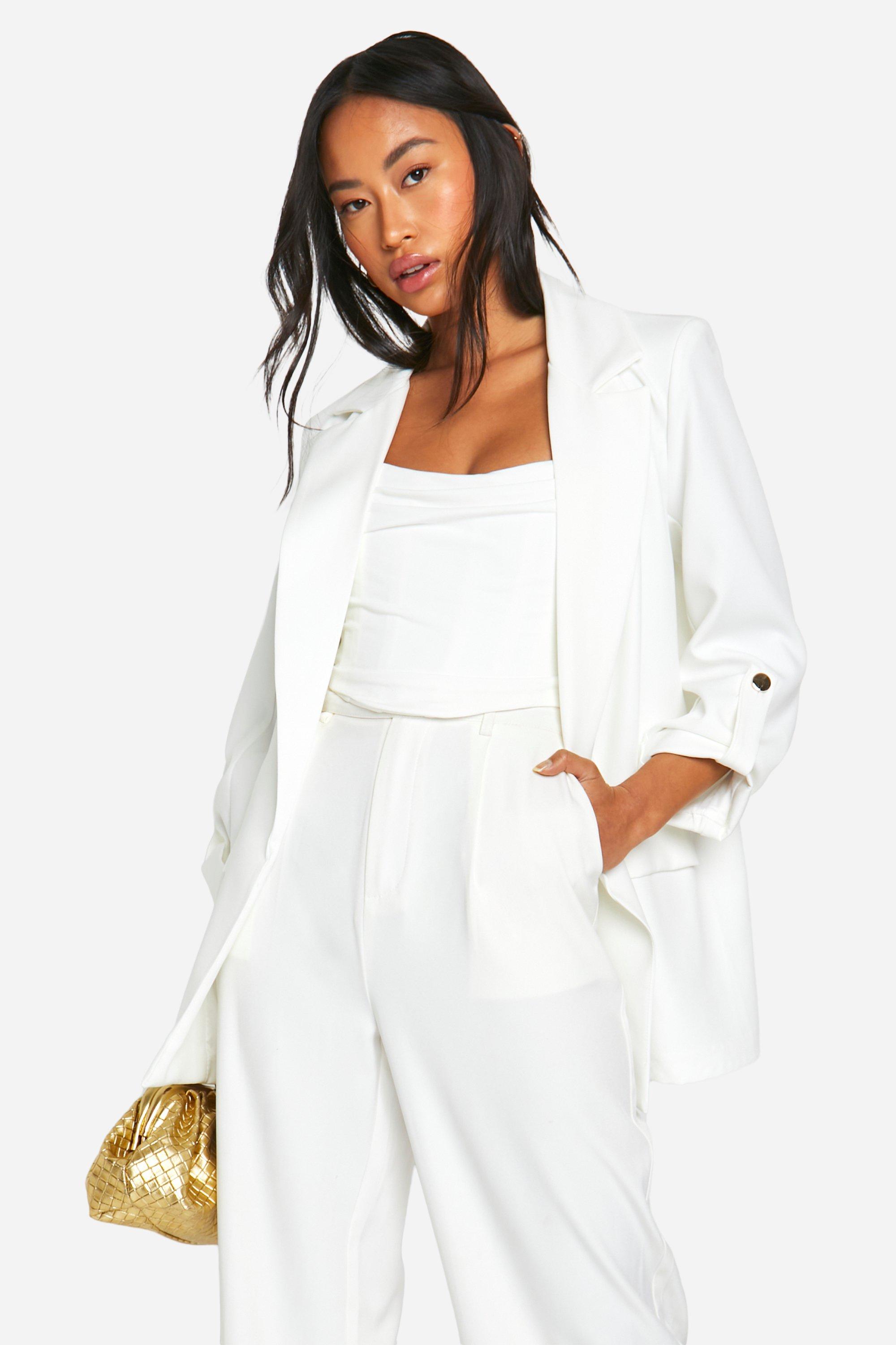 Boohoo Gold Button Turn Cuff Relaxed Fit Blazer, Ivory