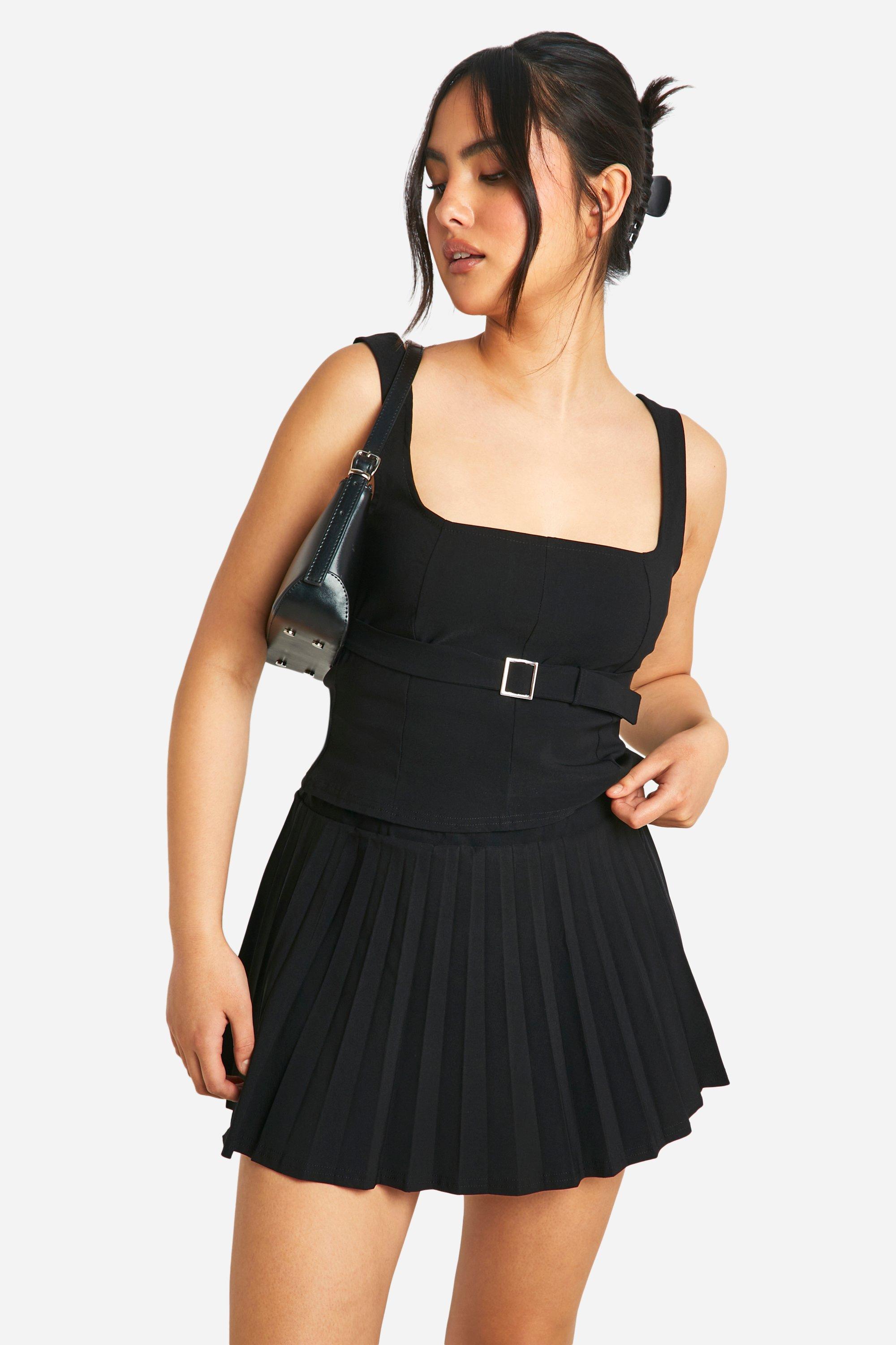 Boohoo Square Neck Longline Top & Pleated Mini Skirt, Black