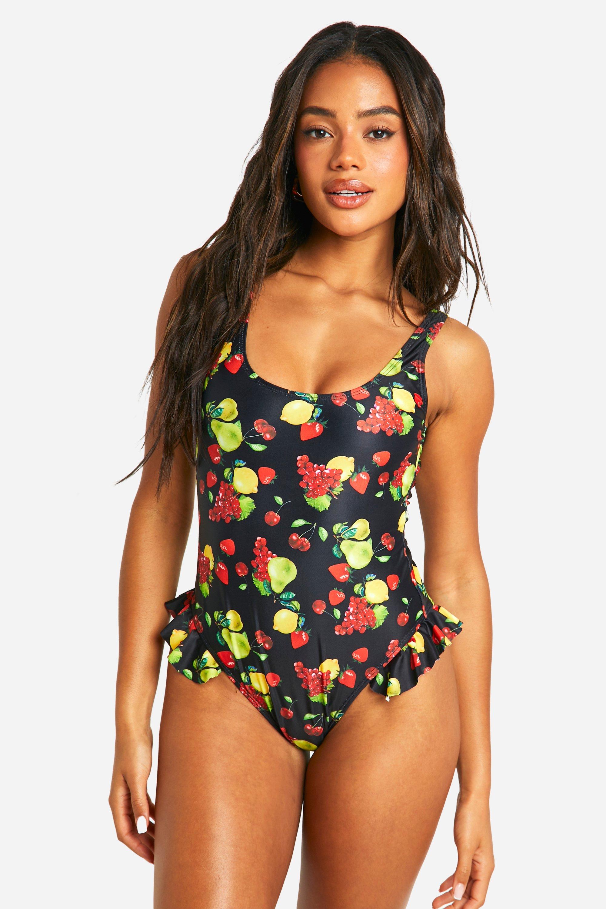 Womens Fruit Print Frill Scoop Swimsuit - Black - 6, Black