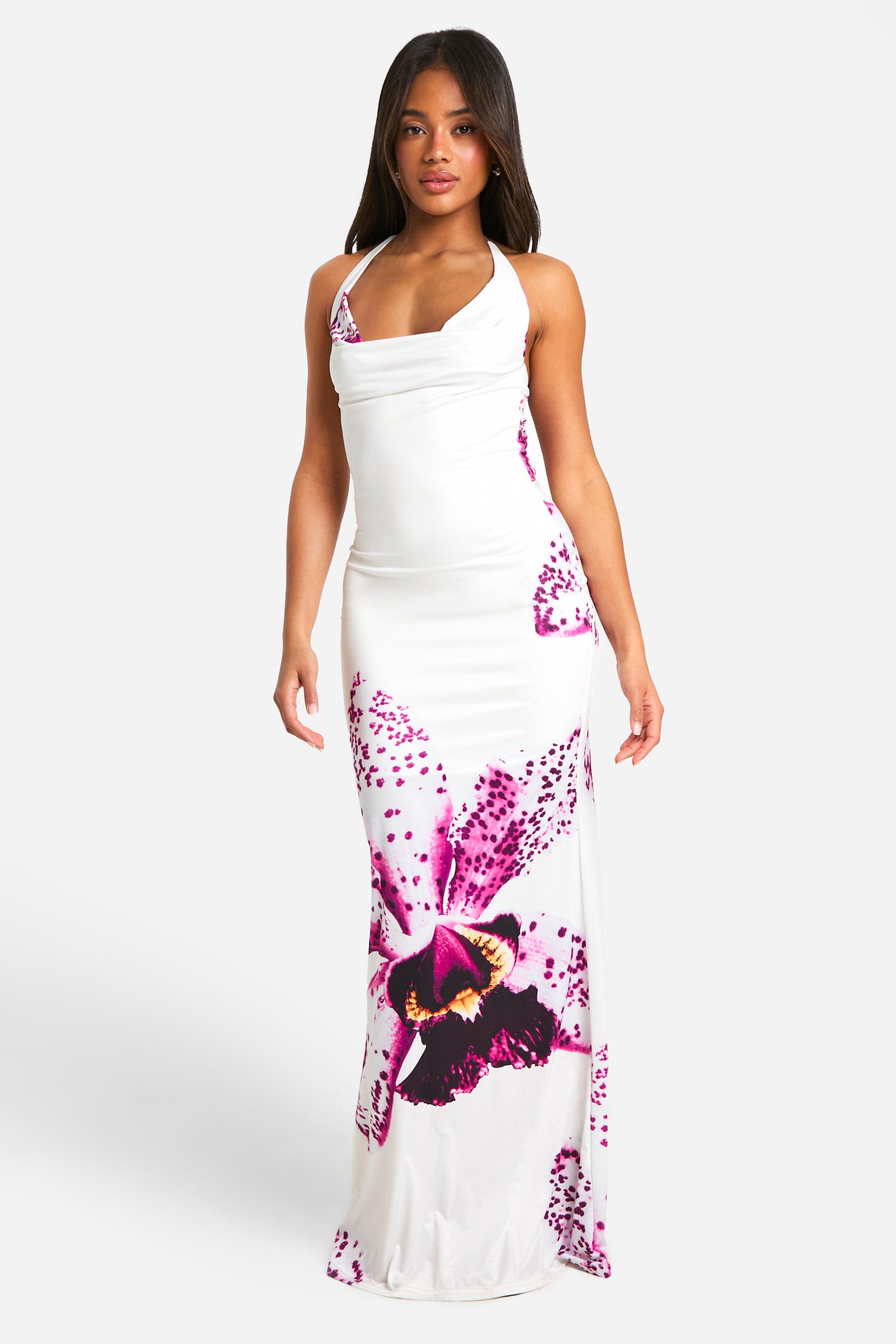 Image of Floral Cowl Neck Slinky Maxi Dress, Bianco