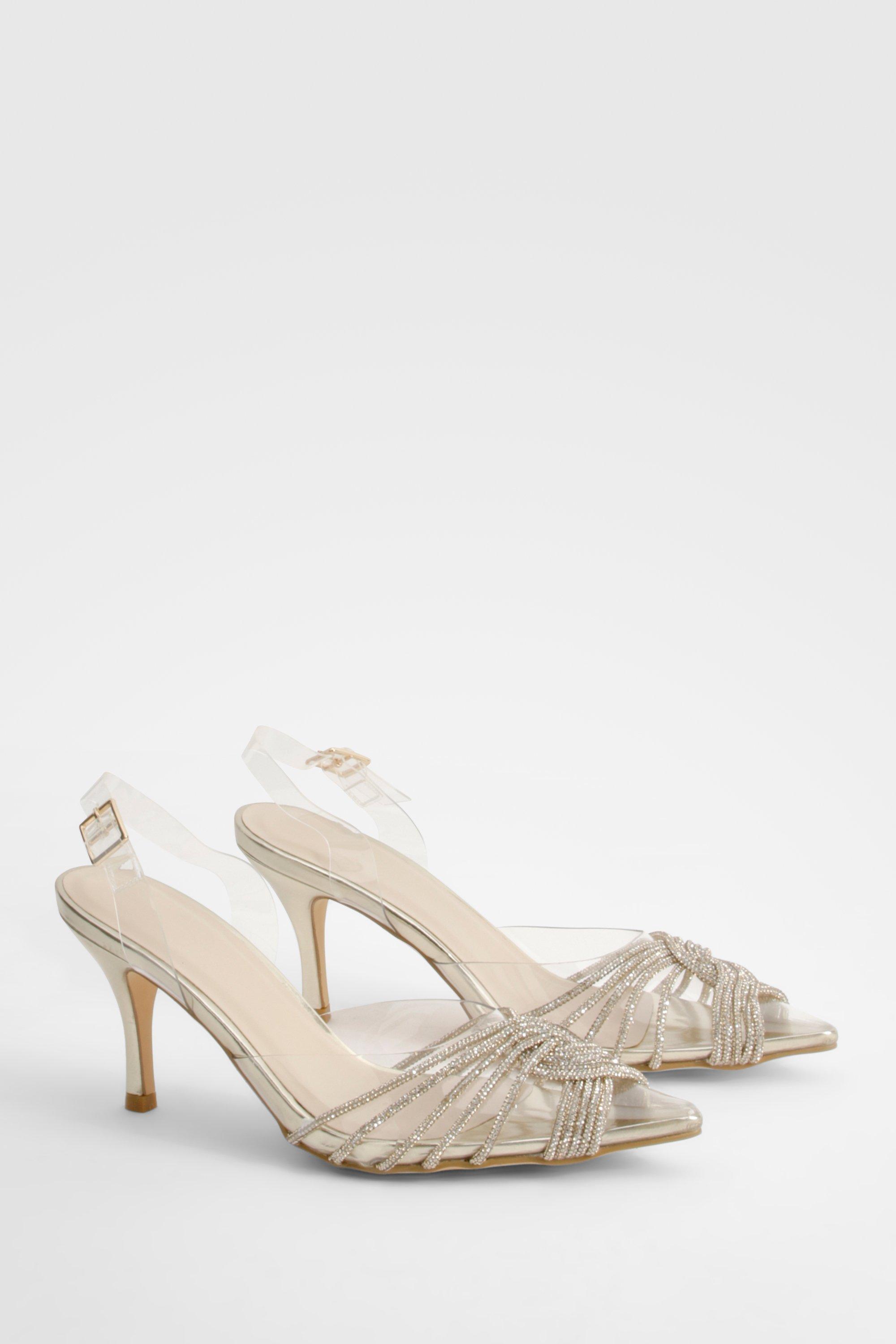 Embellished Clear Slingback Court Heels - Gold - 8