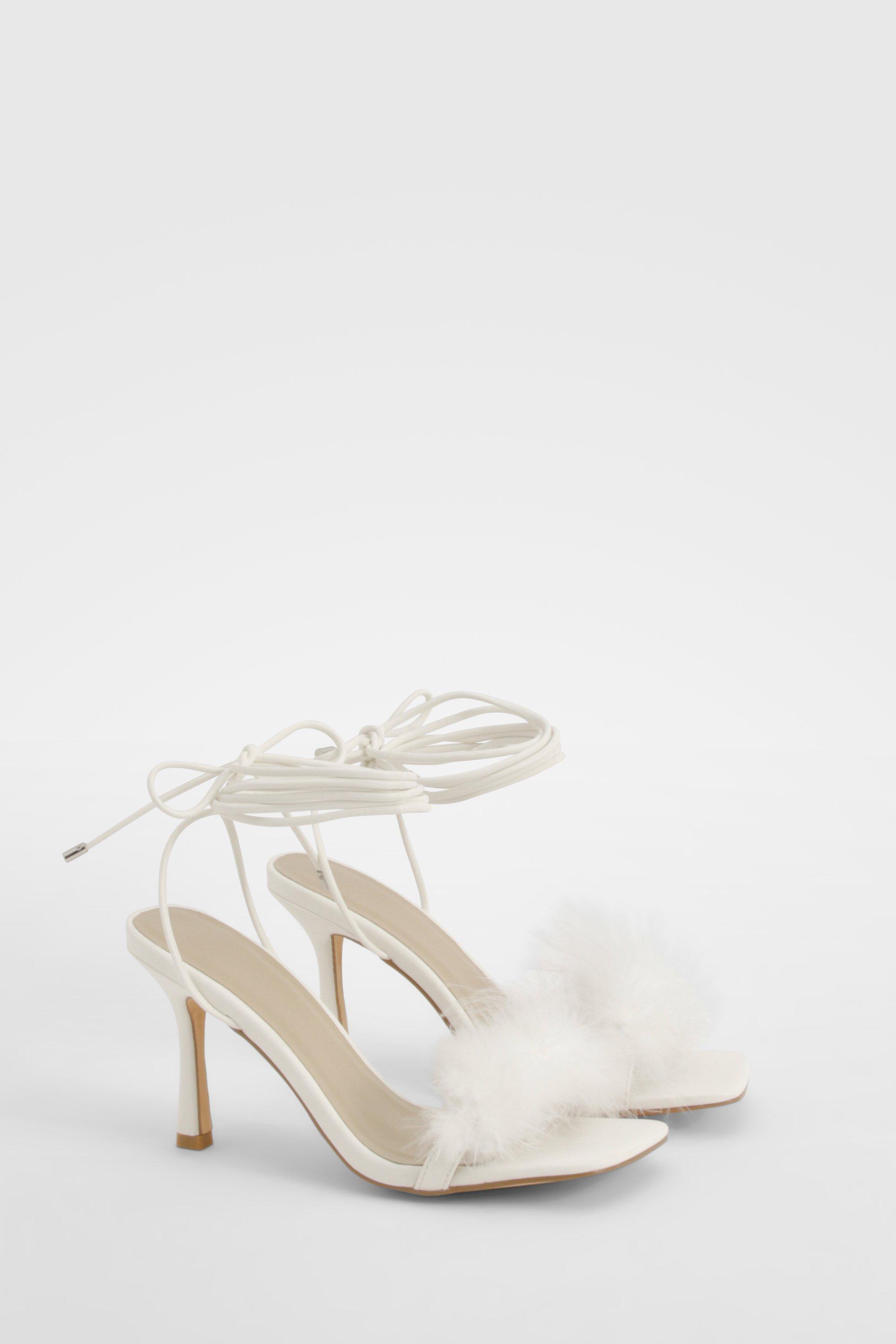 Image of Feather Strap Wrap Up Heels, Bianco
