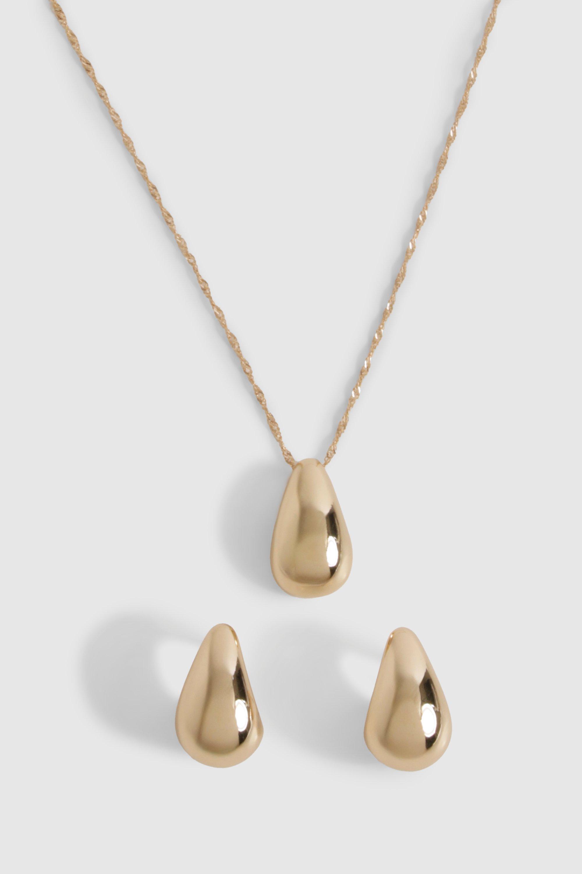 Image of Gold Chunky Tear Drop Necklace & Earring Set, Metallics