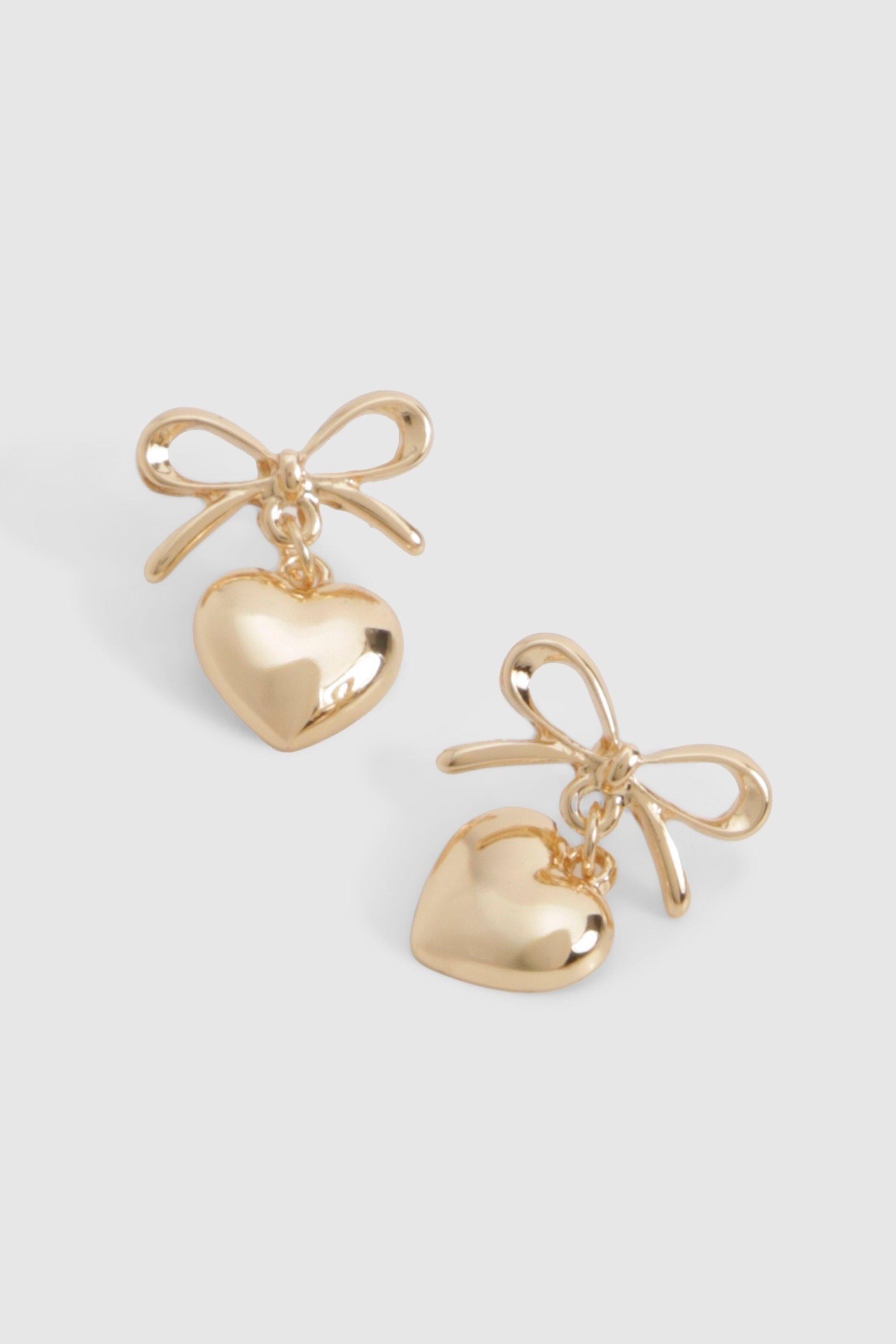 Womens Gold Bow & Heart Drop Earrings - One Size, Gold