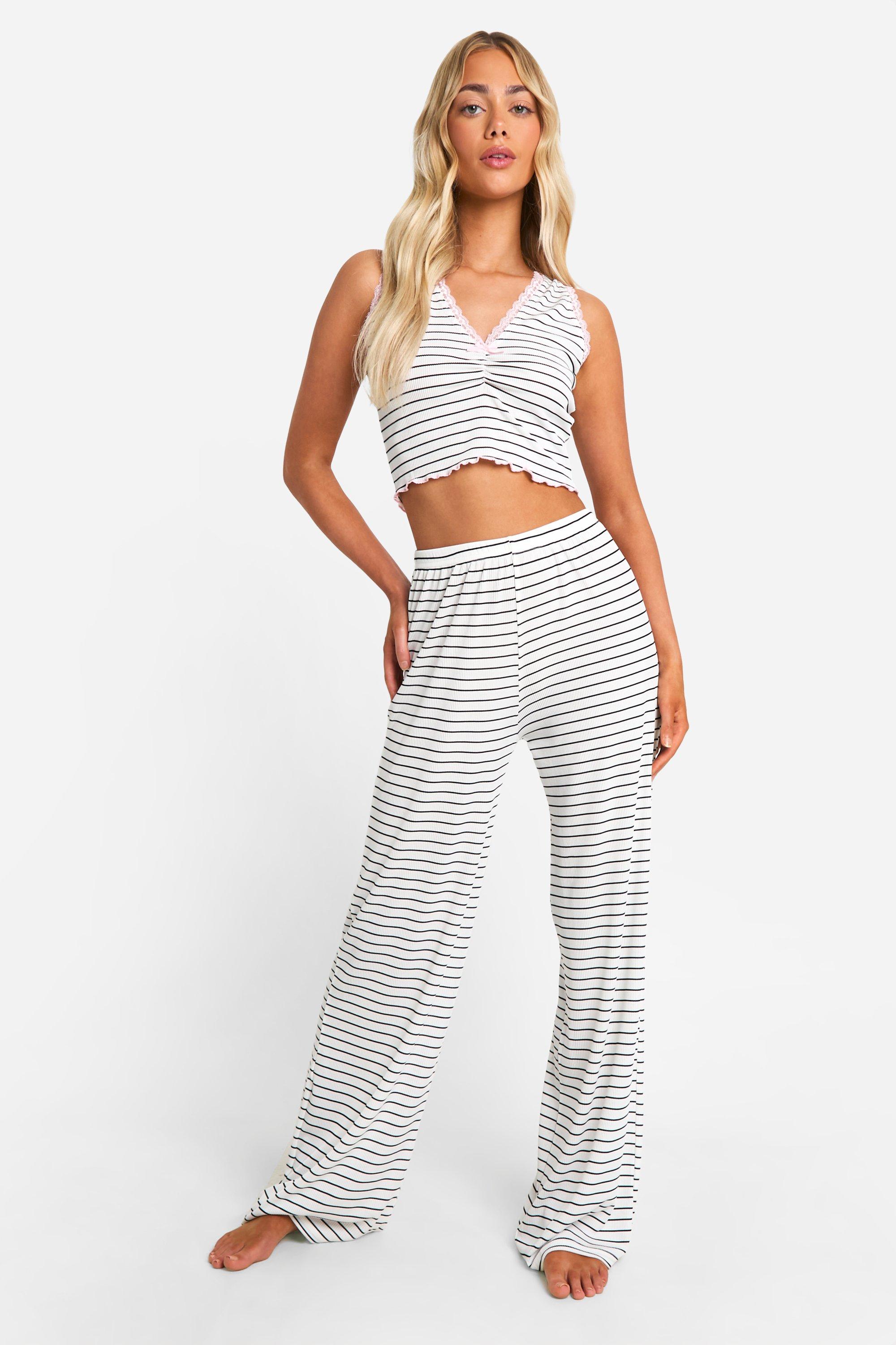 Image of Stripe Lace Vest And Trouser Pyjama Set, Bianco