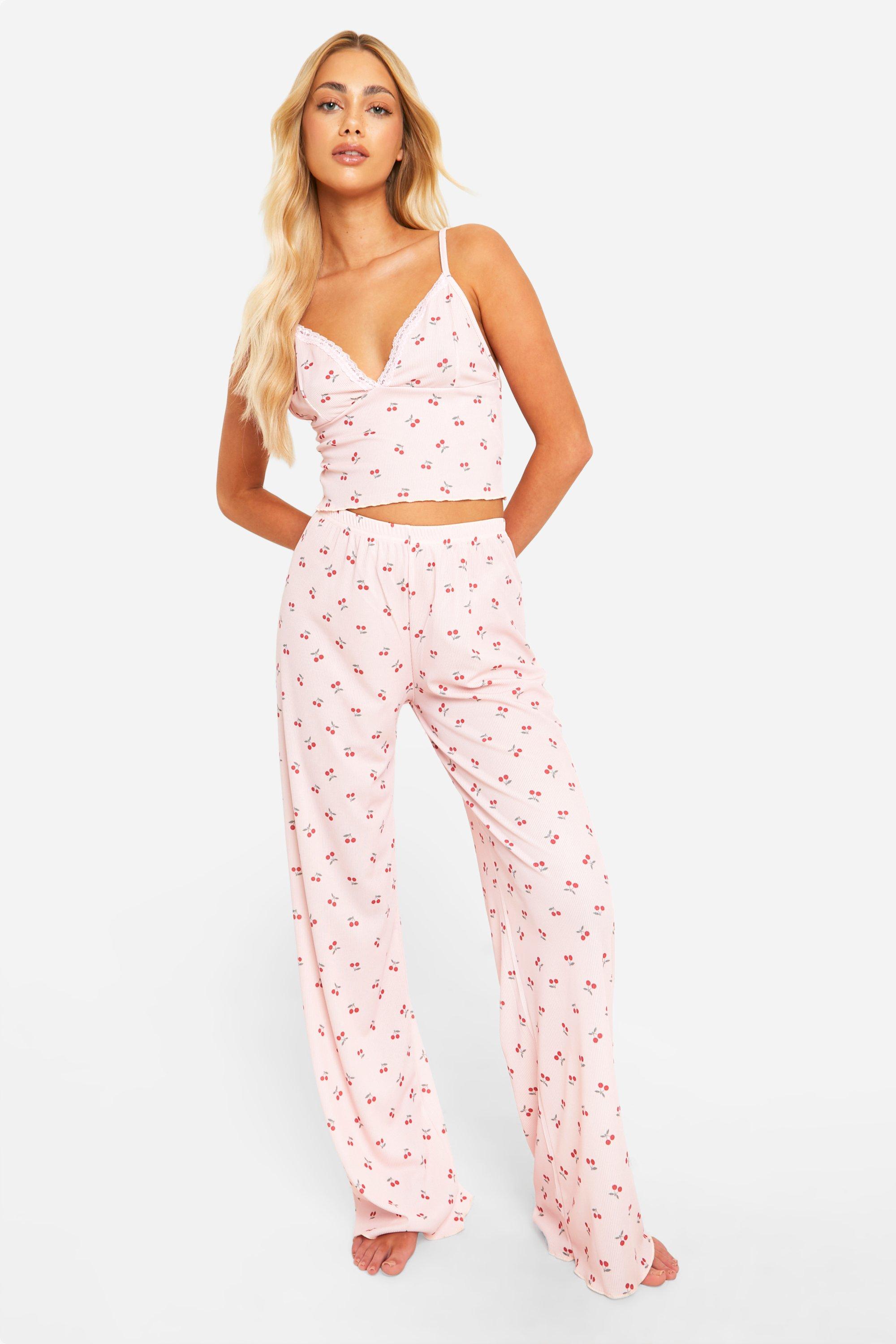 Womens Cherry Print Cami And Trouser Pyjama Set - Pink - 14, Pink