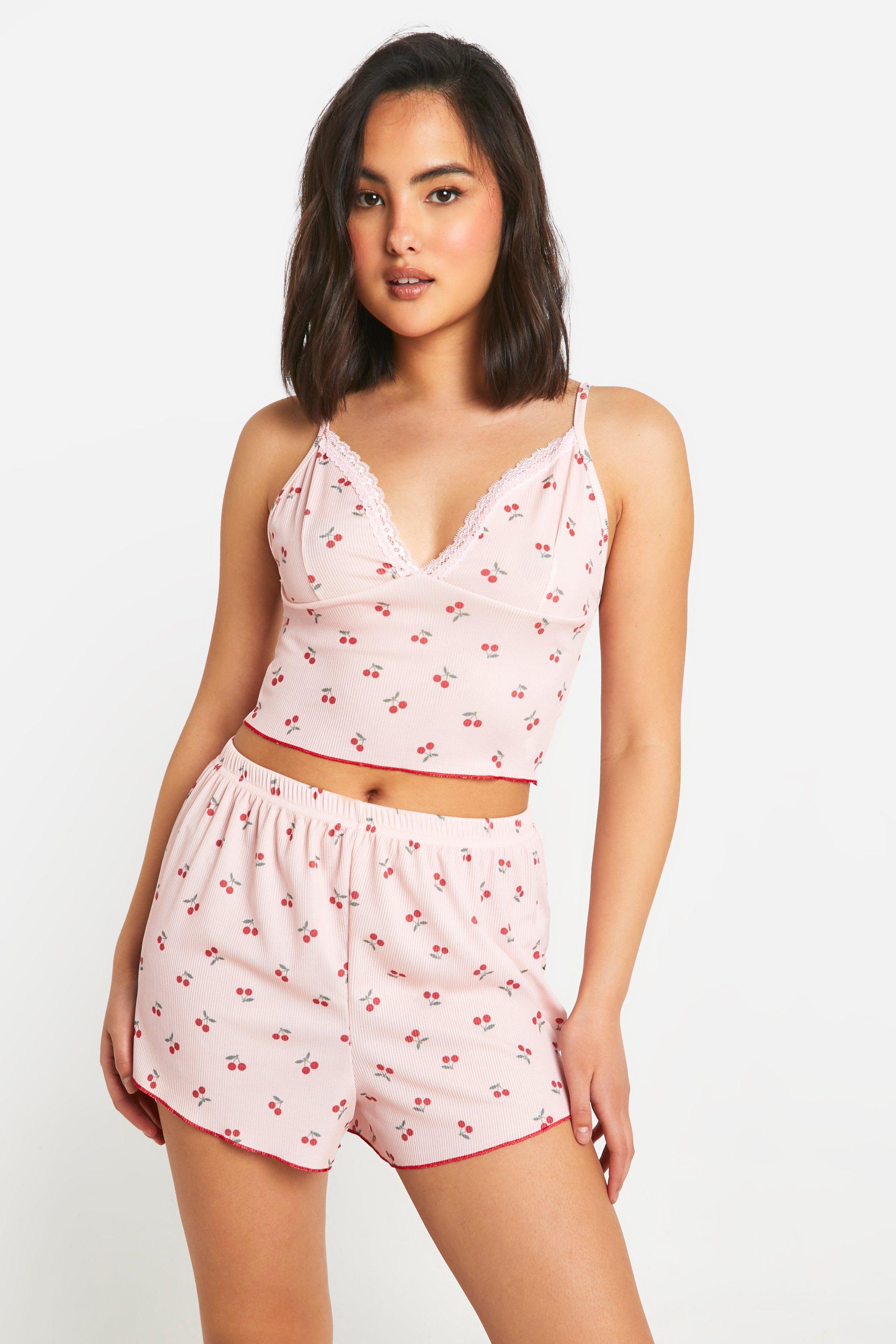 Image of Cherry Print Cami And Short Pyjama Set, Pink