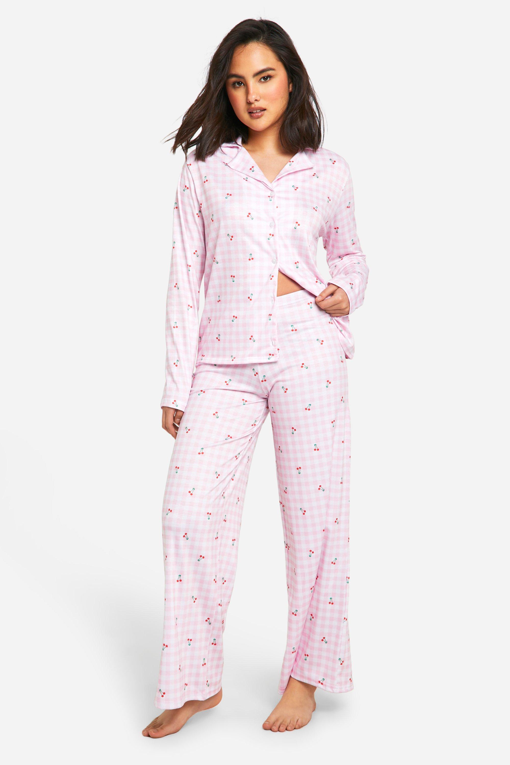 Womens Cherry Gingham Button Up Pyjama Set - Pink - 6, Pink