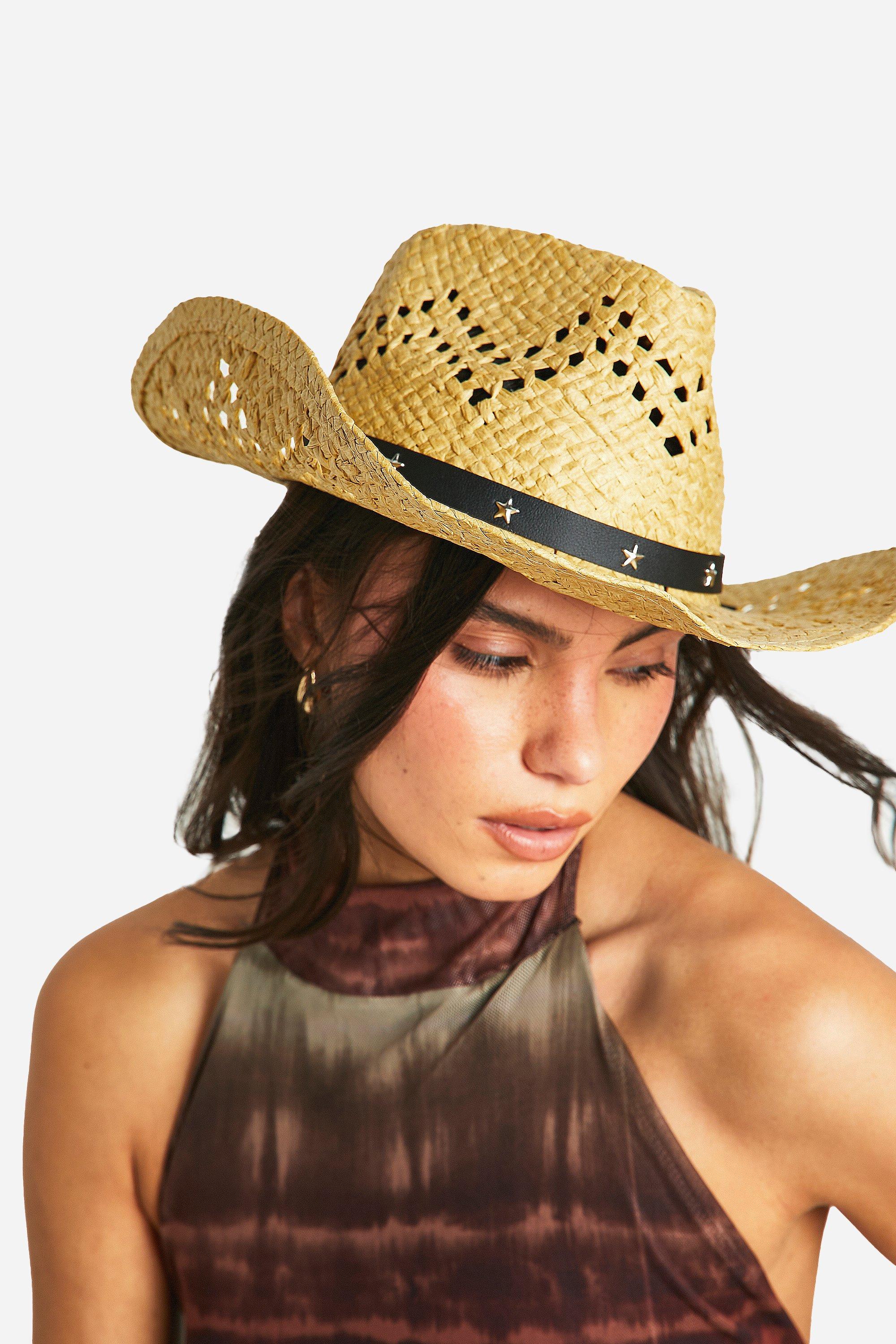 Image of Star Studded Detail Straw Western Hat, Beige