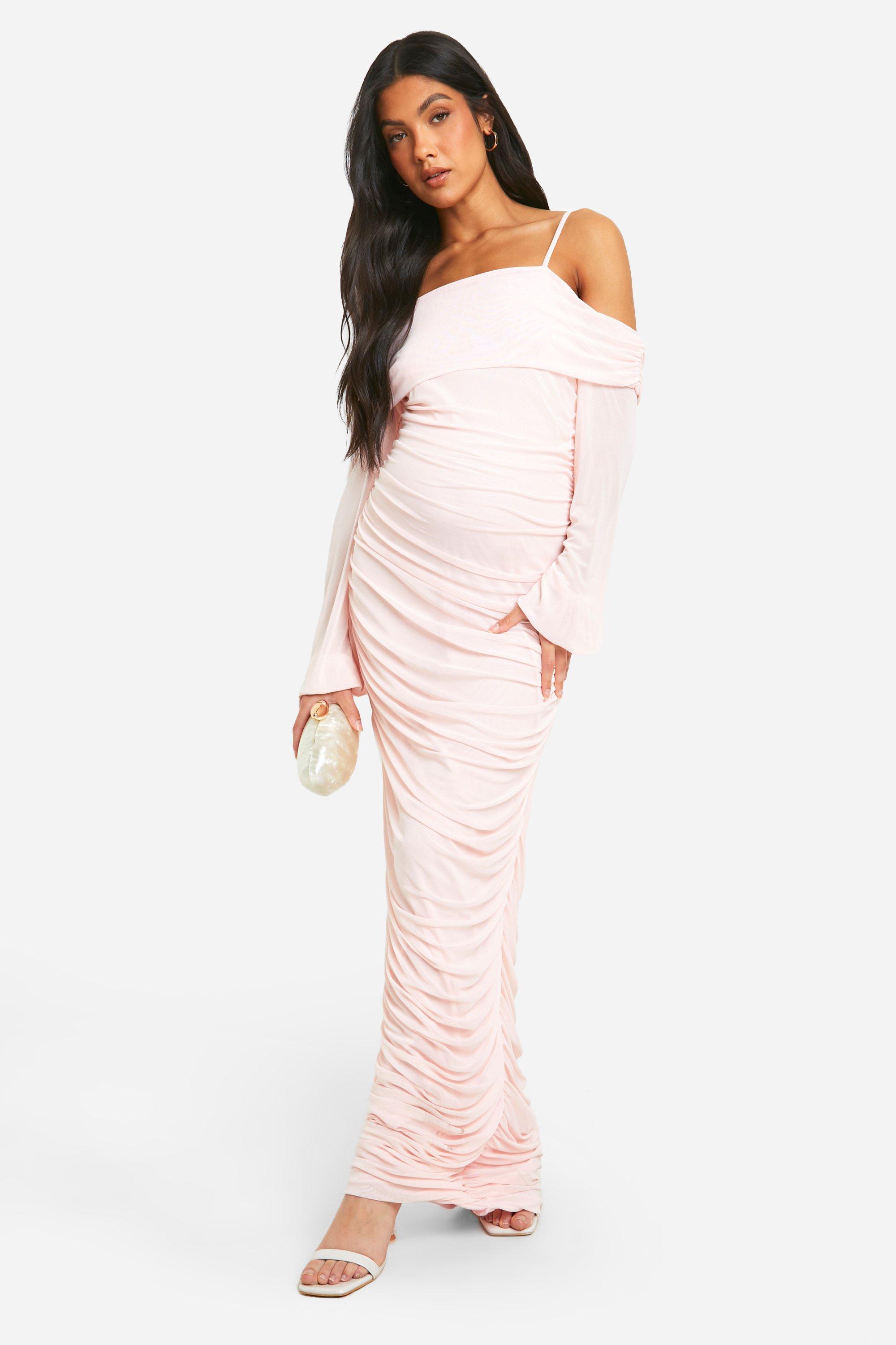Boohoo Maternity Cold Shoulder Mesh Bodycon Maxi Dress, Baby Pink