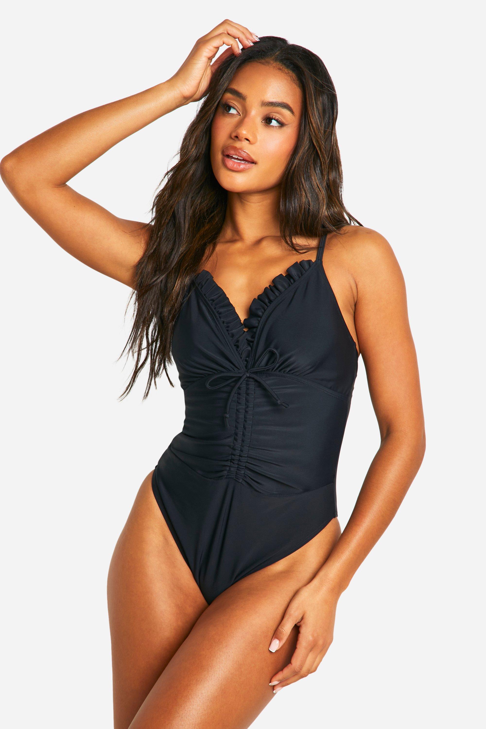 Womens Ruched Ruffle Swimsuit - Black - 12, Black