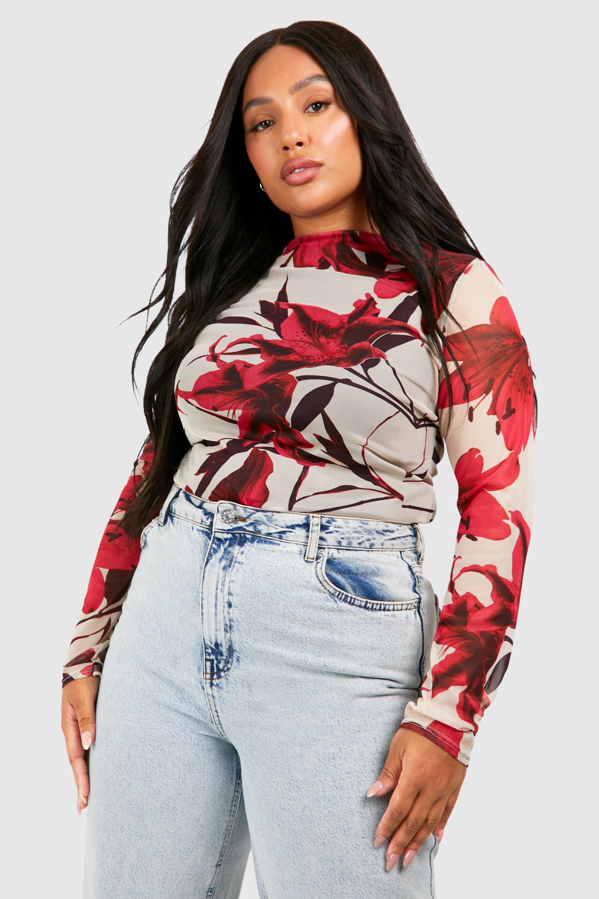 Image of Plus Floral Mesh Long Sleeve Top, Rosso