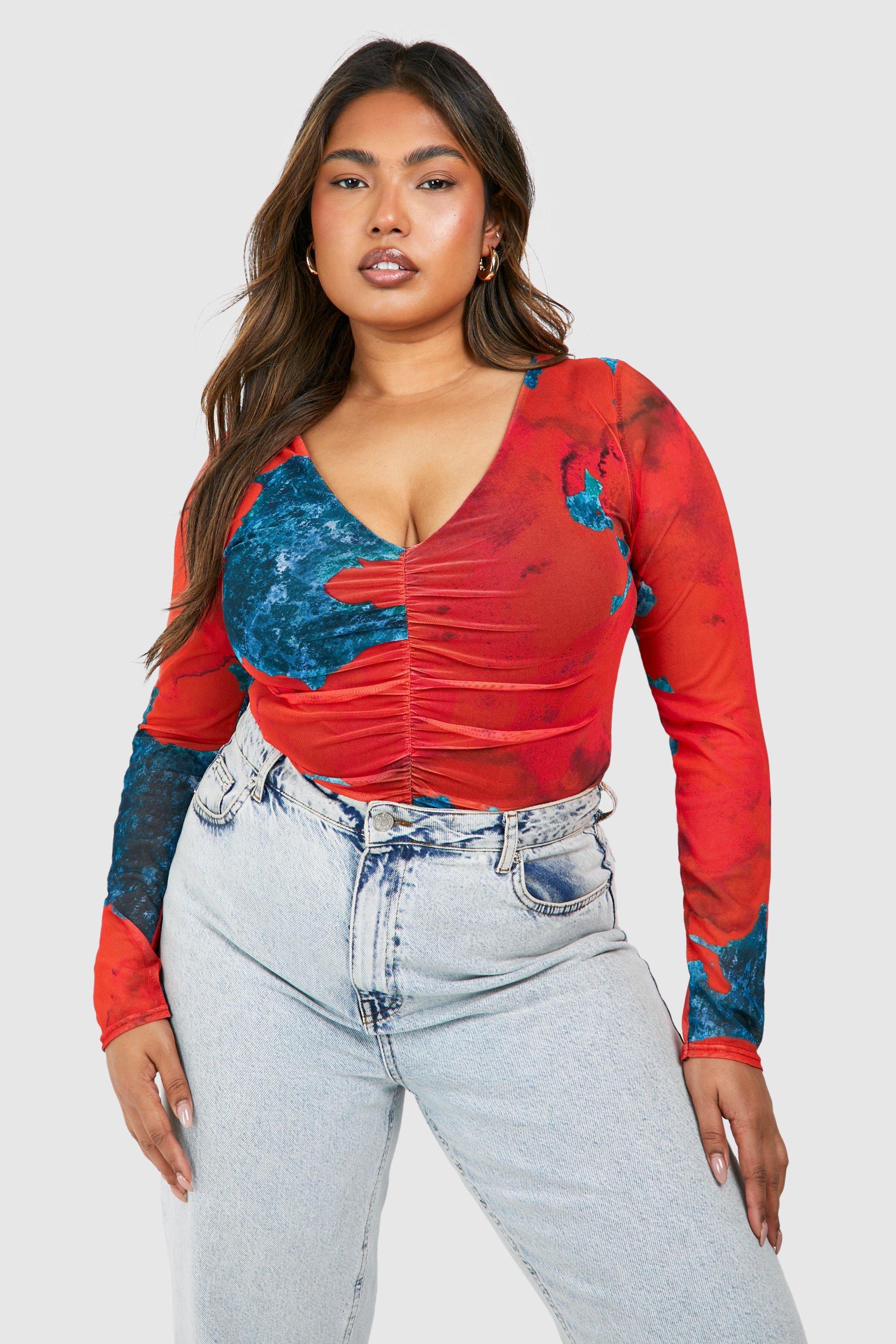 Image of Plus Abstract Mesh Long Sleeve Bodysuit, Rosso