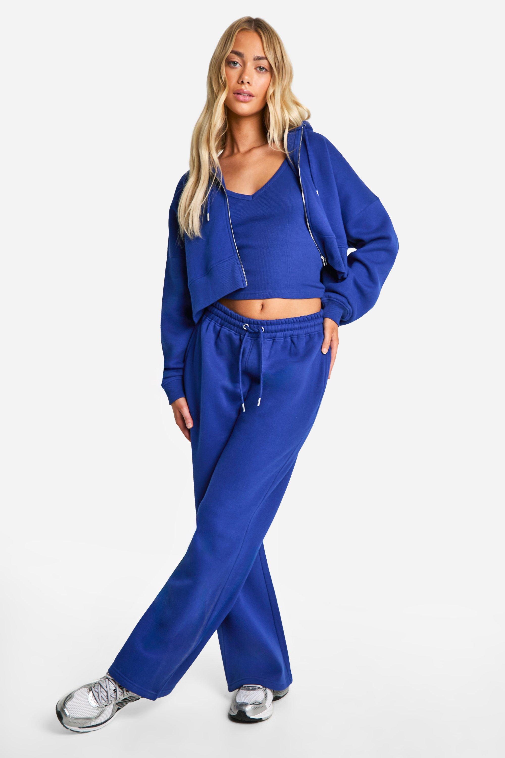 Image of Ribbed V Neck Top 3 Piece Hooded Tracksuit, Azzurro