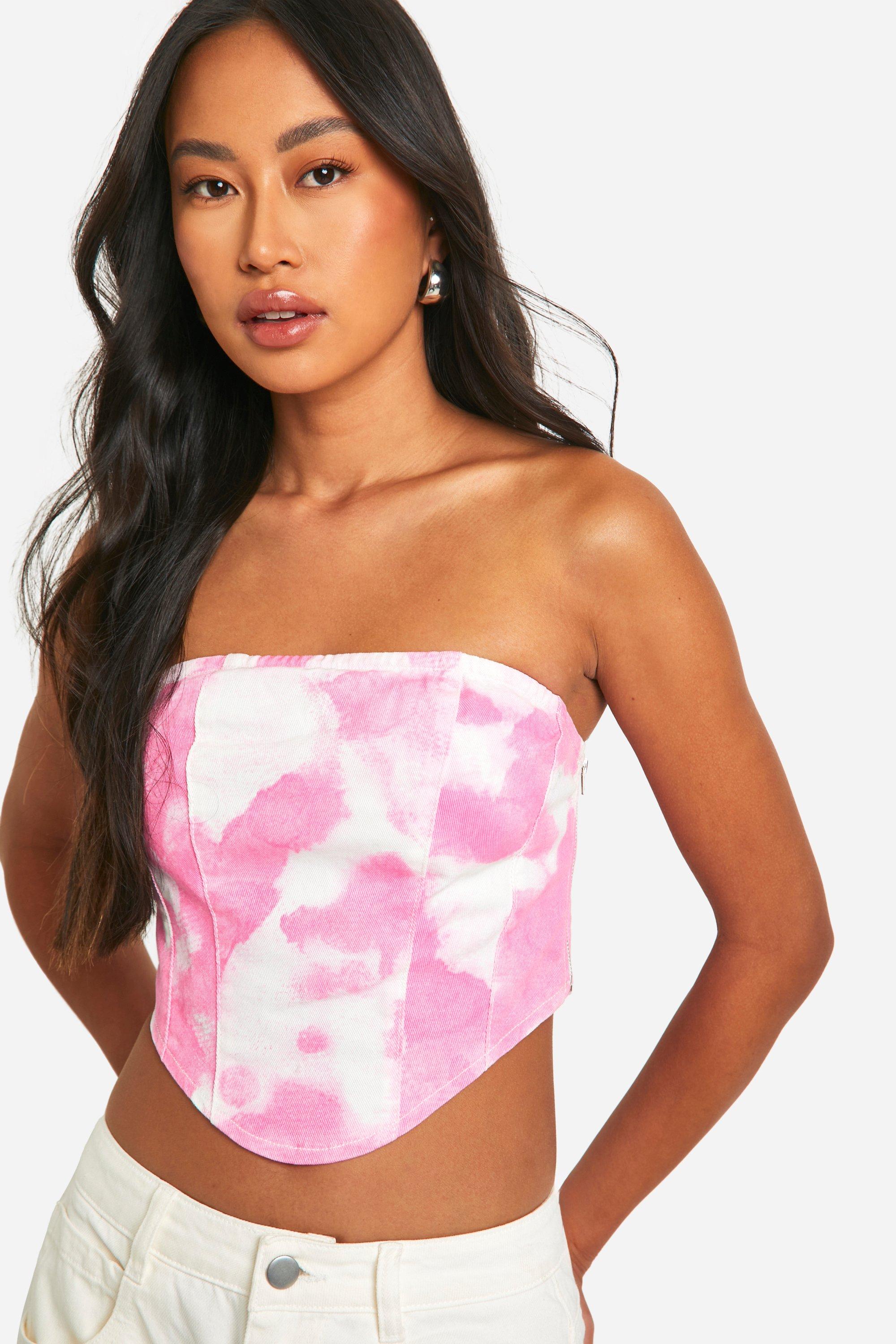 Womens Tie Dye Stretch Denim Bandeau Top - Pink - 10, Pink
